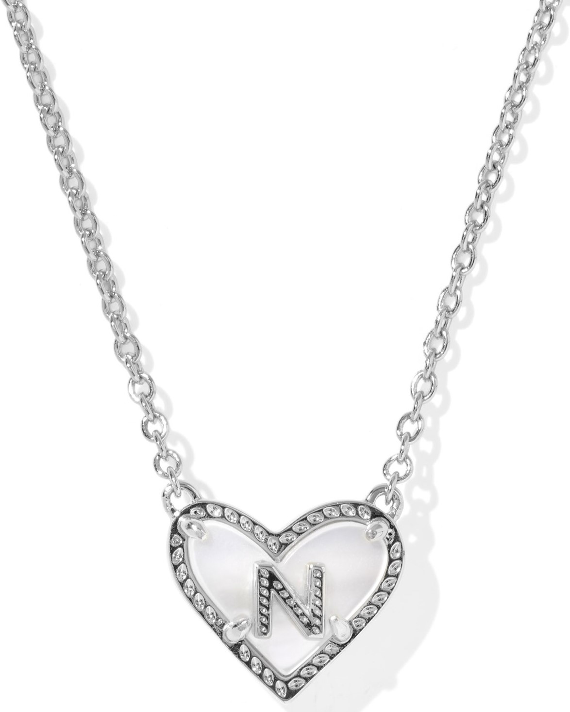 KENDRA SCOTT HEART LETTER N IVORY MOTHER OF PEARL RHODIUM PENDANT NECKLACE