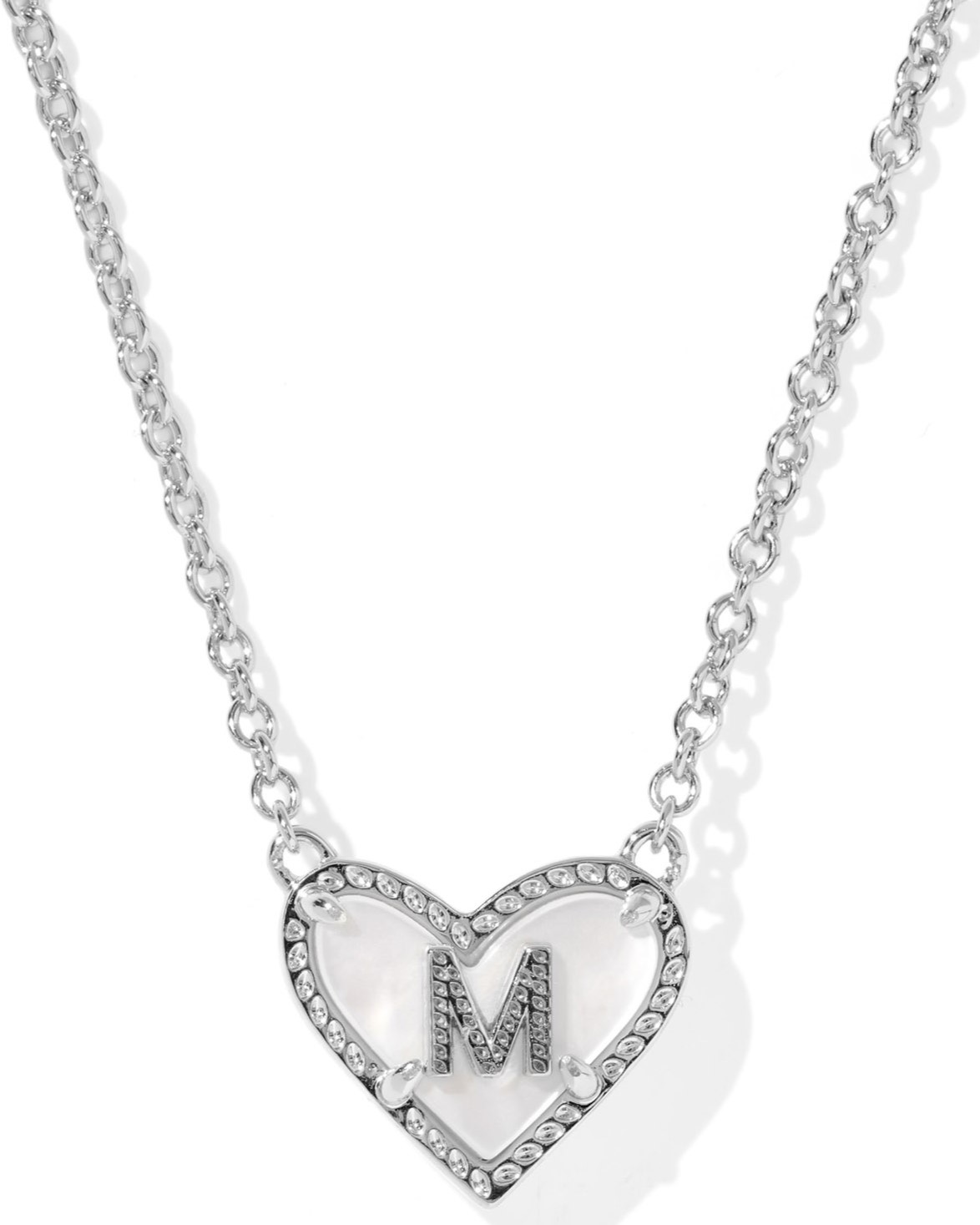 KENDRA SCOTT HEART LETTER M IVORY MOTHER OF PEARL RHODIUM PENDANT NECKLACE