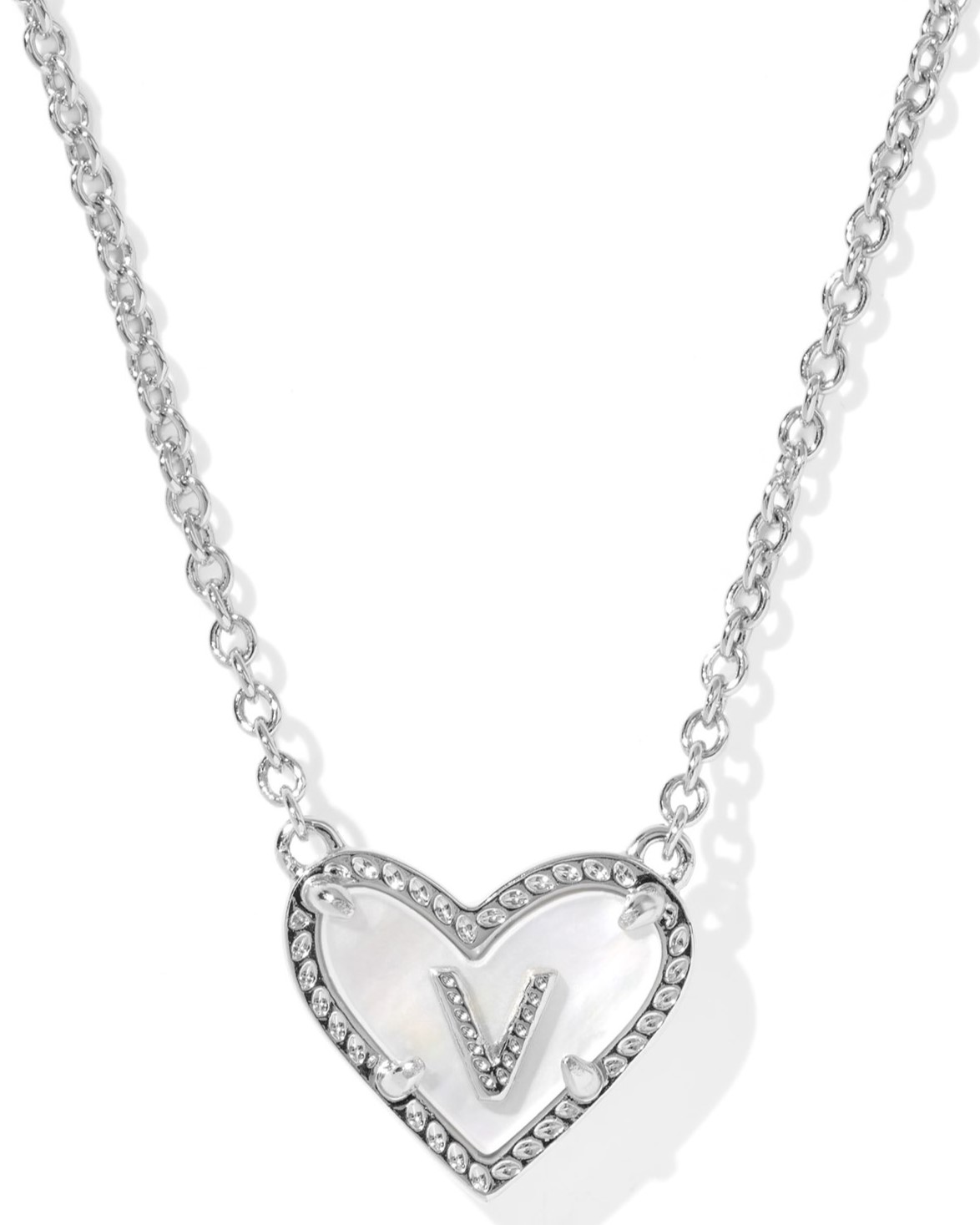 KENDRA SCOTT HEART LETTER V IVORY MOTHER OF PEARL RHODIUM PENDANT NECKLACE