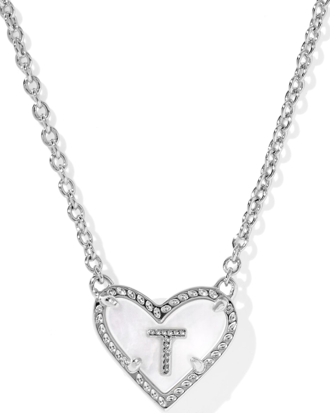 KENDRA SCOTT HEART LETTER T IVORY MOTHER OF PEARL RHODIUM PENDANT NECKLACE
