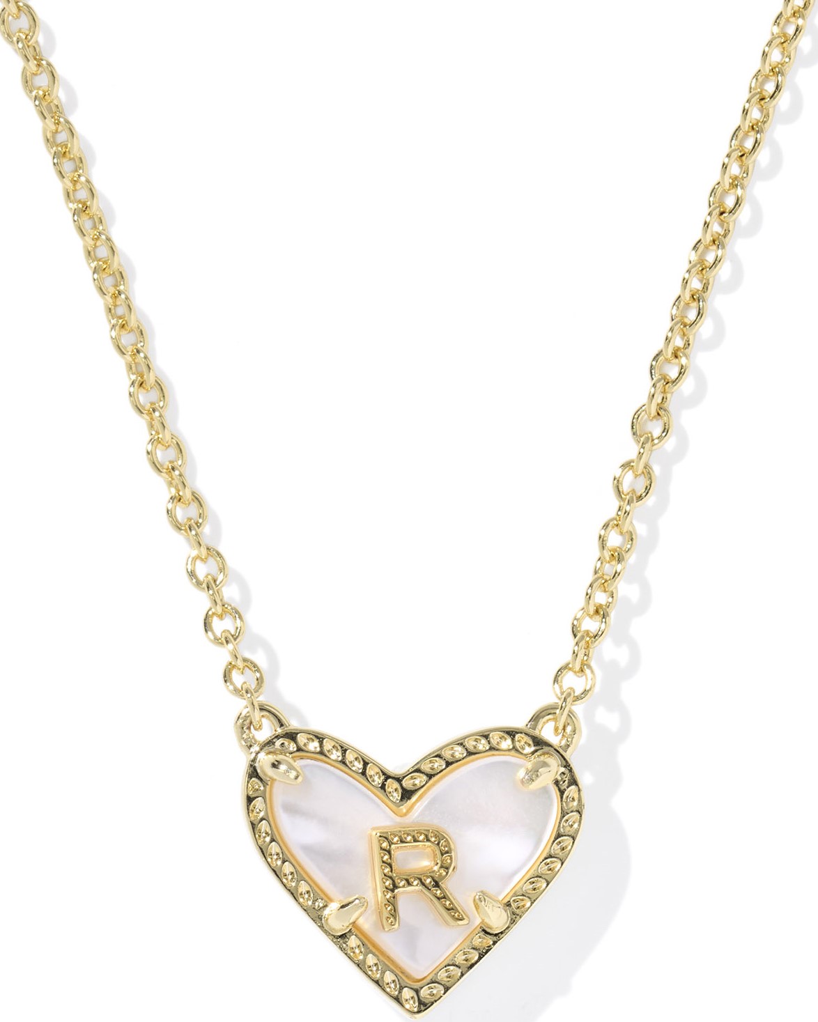 KENDRA SCOTT HEART LETTER R IVORY MOTHER OF PEARL GOLD TONE PENDANT NECKLACE