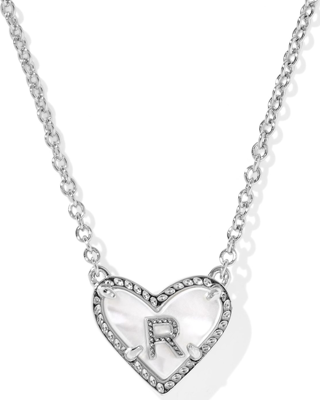 KENDRA SCOTT HEART LETTER R IVORY MOTHER OF PEARL RHODIUM PENDANT NECKLACE