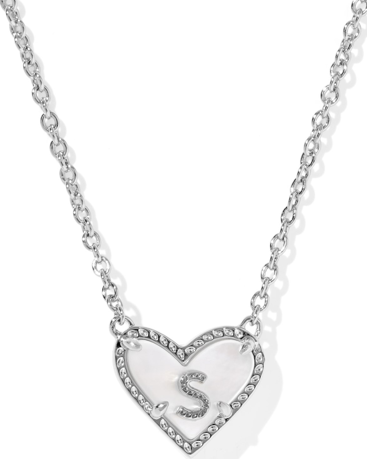 KENDRA SCOTT HEART LETTER S IVORY MOTHER OF PEARL RHODIUM PENDANT NECKLACE