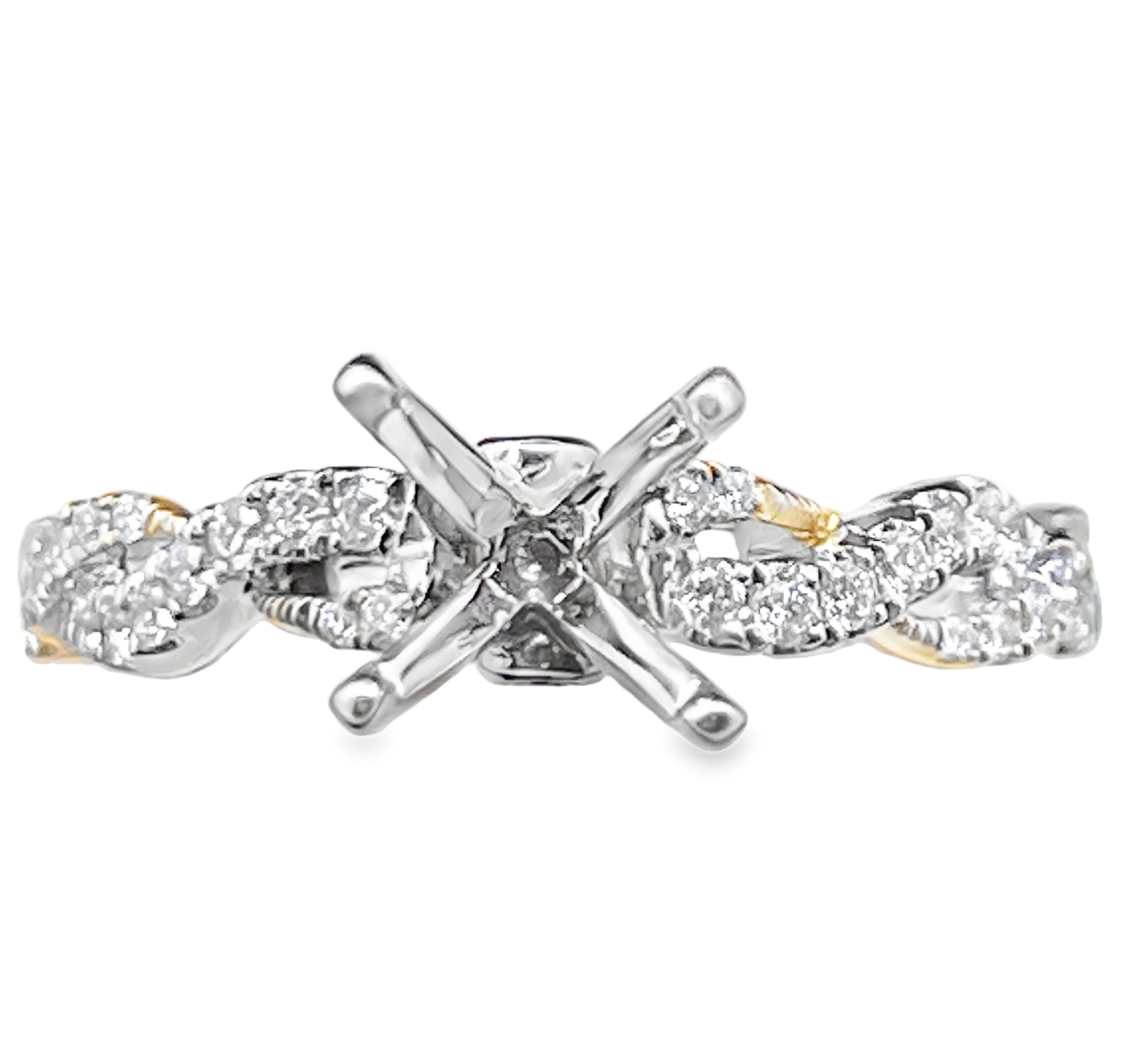 .26CTW DIAMOND TWO-TONE CROSSOVER SHANK ENGAGEMENT RING SEMI MOUNTING CONTAINING: 38 ROUND DIAMONDS 14KWY