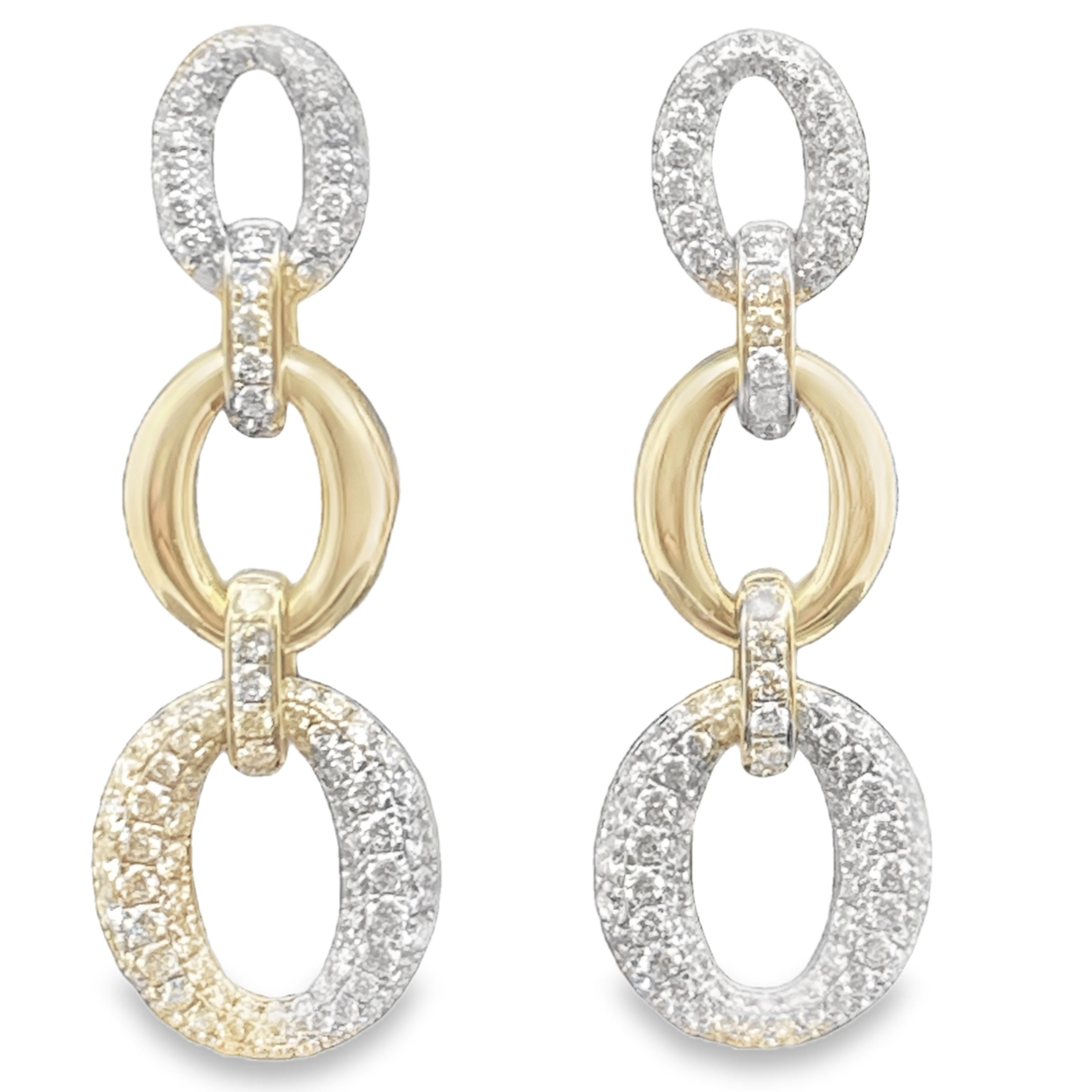 1.94CTW DIAMOND TRIPLE OVAL PAVE/POLISHED LINK DANGLE EARRINGS CONTAINING: 272 ROUND DIAMONDS 14KY