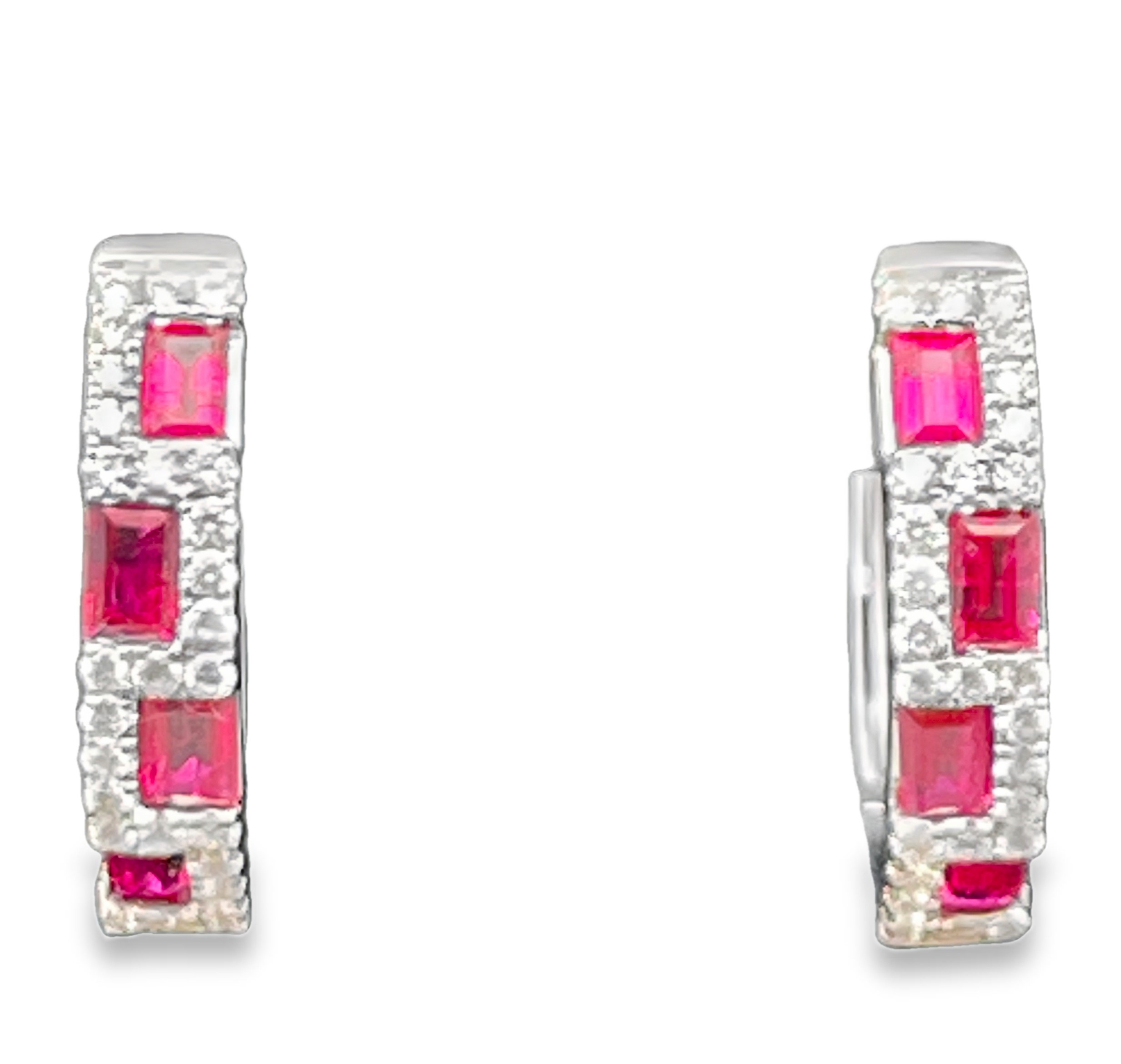 .91TGW RUBY + DIAMOND GREEK-KEY ROUND HOOP EARRINGS CONTAINING: 8 RUBY BAGUETTES .65CTW + 54 ROUND DIAMONDS .26TDW 14KW