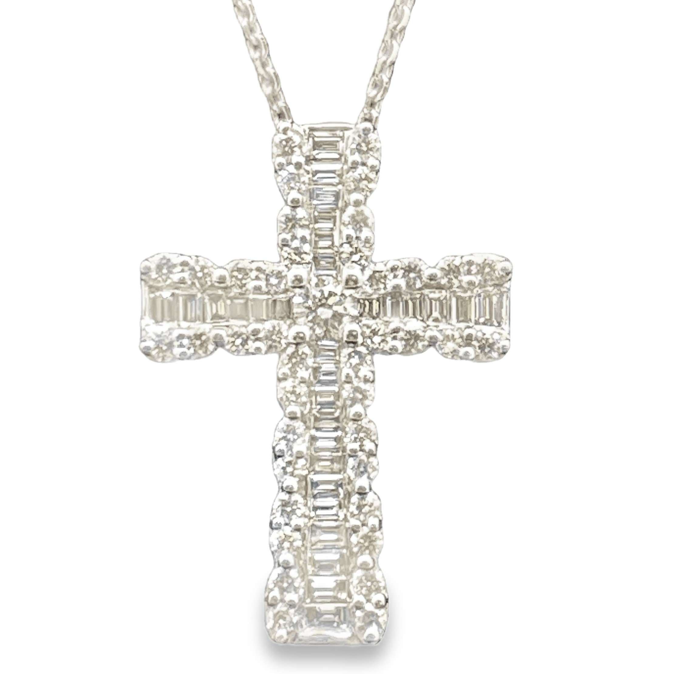 1.00CTW DIAMOND CROSS PENDANT/CHAIN CONTAINING: 41 ROUND DIAMONDS +30 BAGUETTE DIAMONDS 14KW  CHAIN INCLUDED