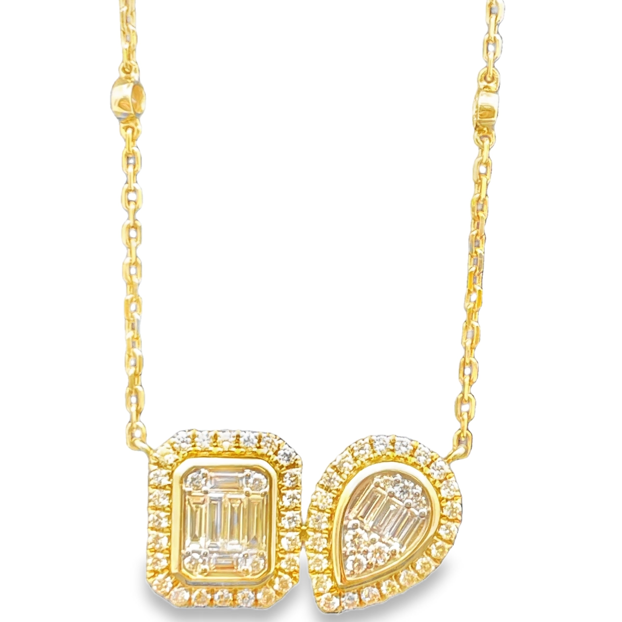 .90CTW DIAMOND FANCY SHAPE DOUBLE CLUSTER CENTER NECKLACE CONTAINING: 9 BAGUETTE DIAMONDS + 69 ROUND DIAMONDS14KY