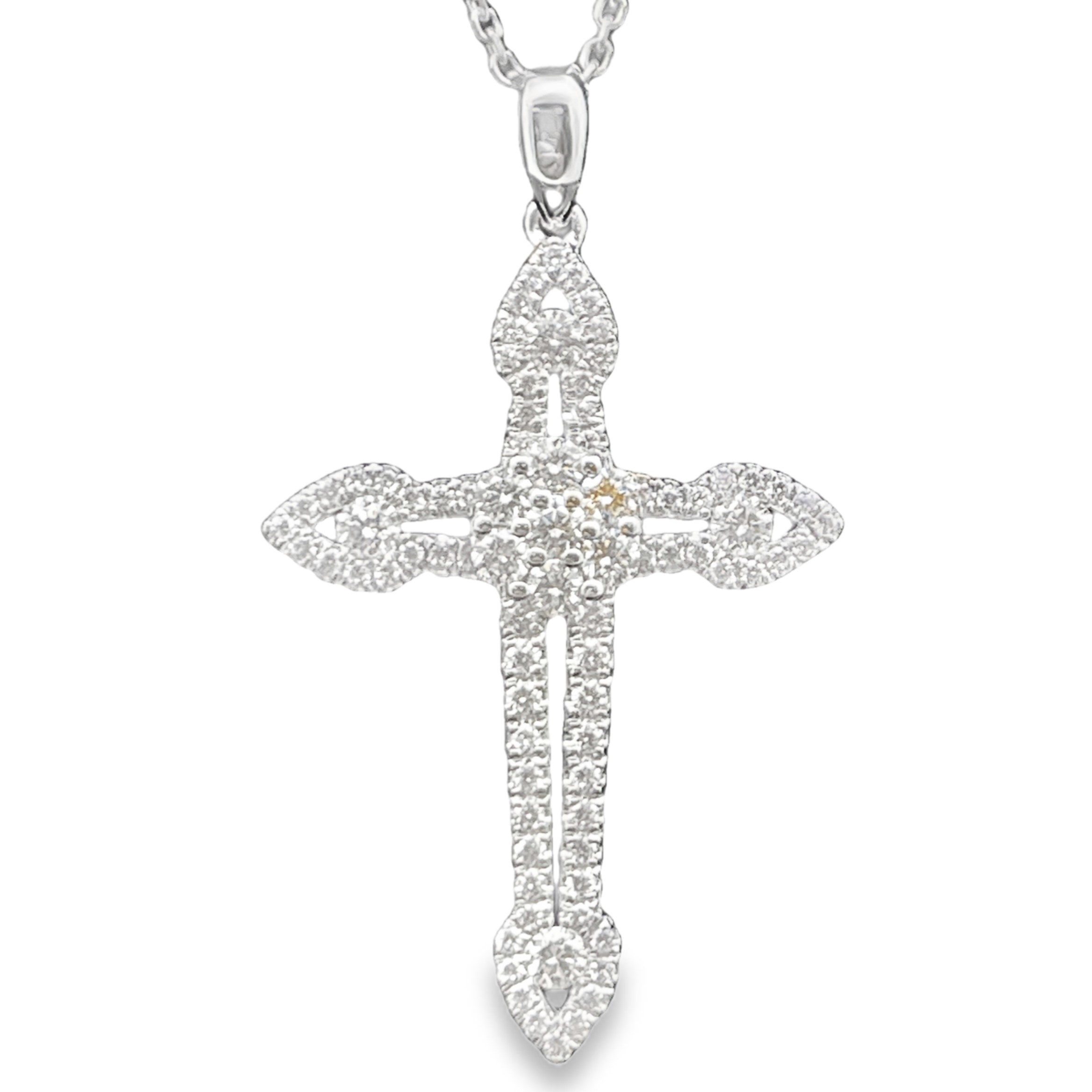 .73CTW DIAMOND 2-ROW OPEN CROSS PENDANT/CHAIN CONTAINING: 83 ROUND DIAMONDS 14KW