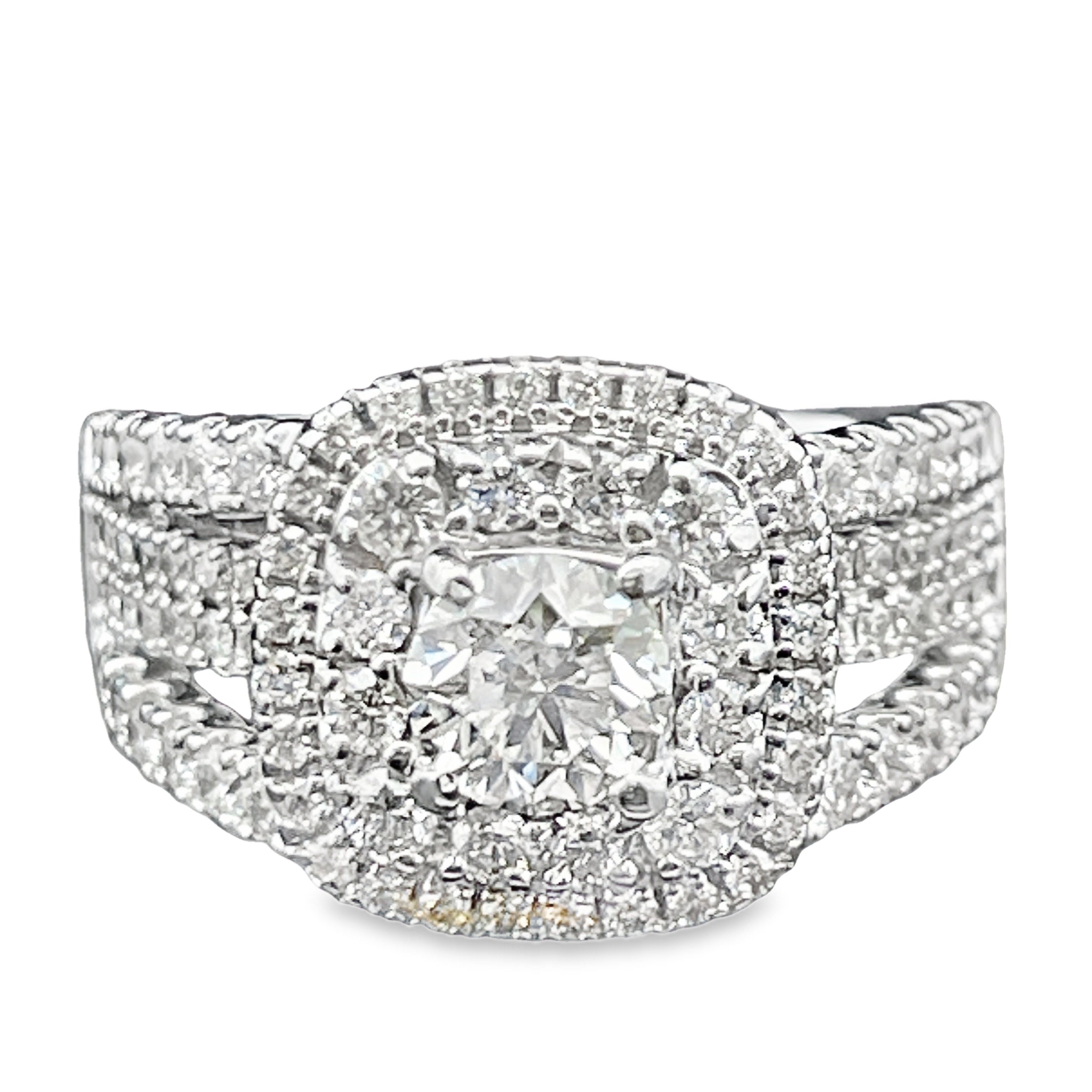 2.00CTW DIAMOND DOUBLE CUSHION HALO ENGAGEMENT RING CONTAINING: 3/4CT ROUND DIAMOND CENTER; + 96 ROUND DIAMONDS; 14KW