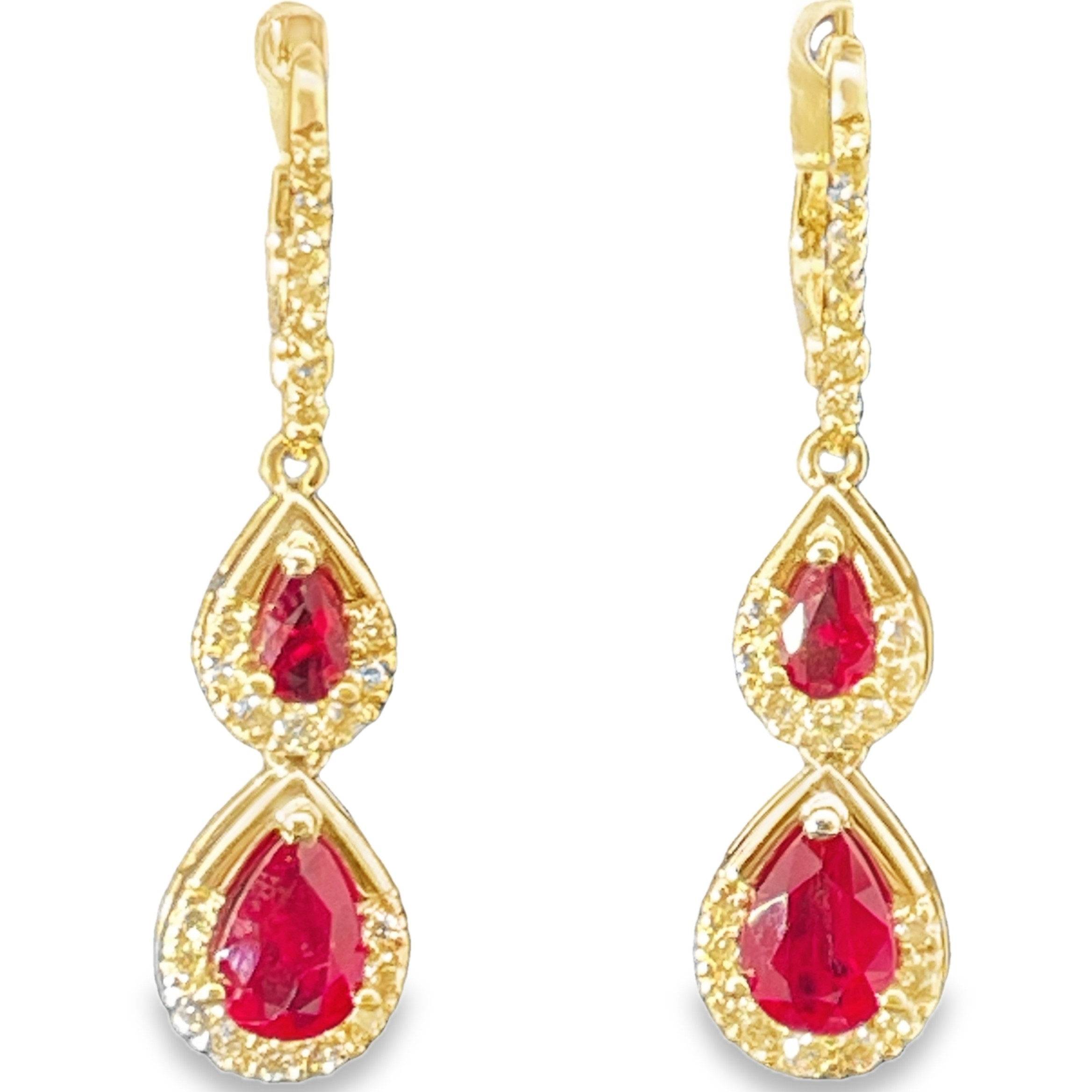 2.50TGW DOUBLE TEARDROP RUBY + DIAMOND EARRINGS CONTAINING: 4 PEAR SHAPE RUBIES 2.10CTW + 46 ROUND DIAMONDS .40TDW 14KY