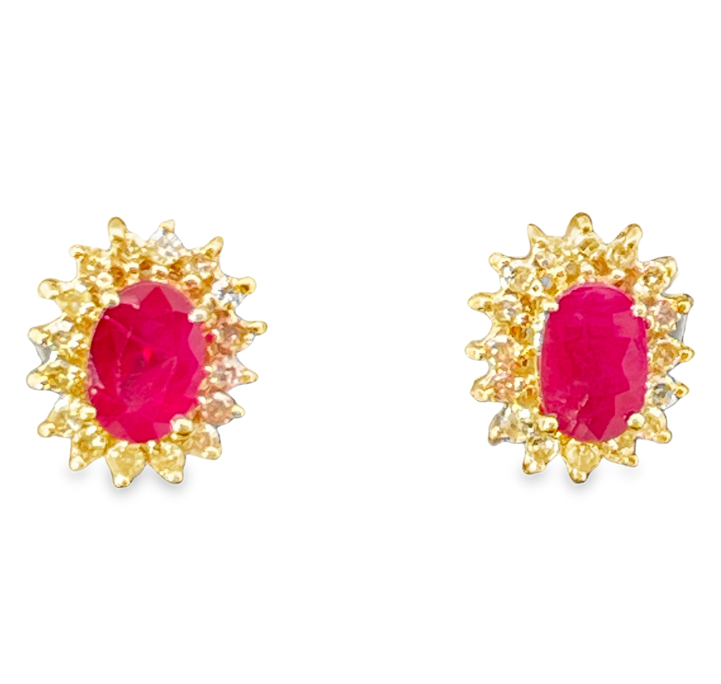 1.45TGW RUBY + DIAMOND OVAL HALO STUD EARRINGS CONTAINING: 2 OVAL RUBIES 1.20CTW + 32 ROUND SINGLE-CUT HALO DIAMONDS .25TDW 14KY