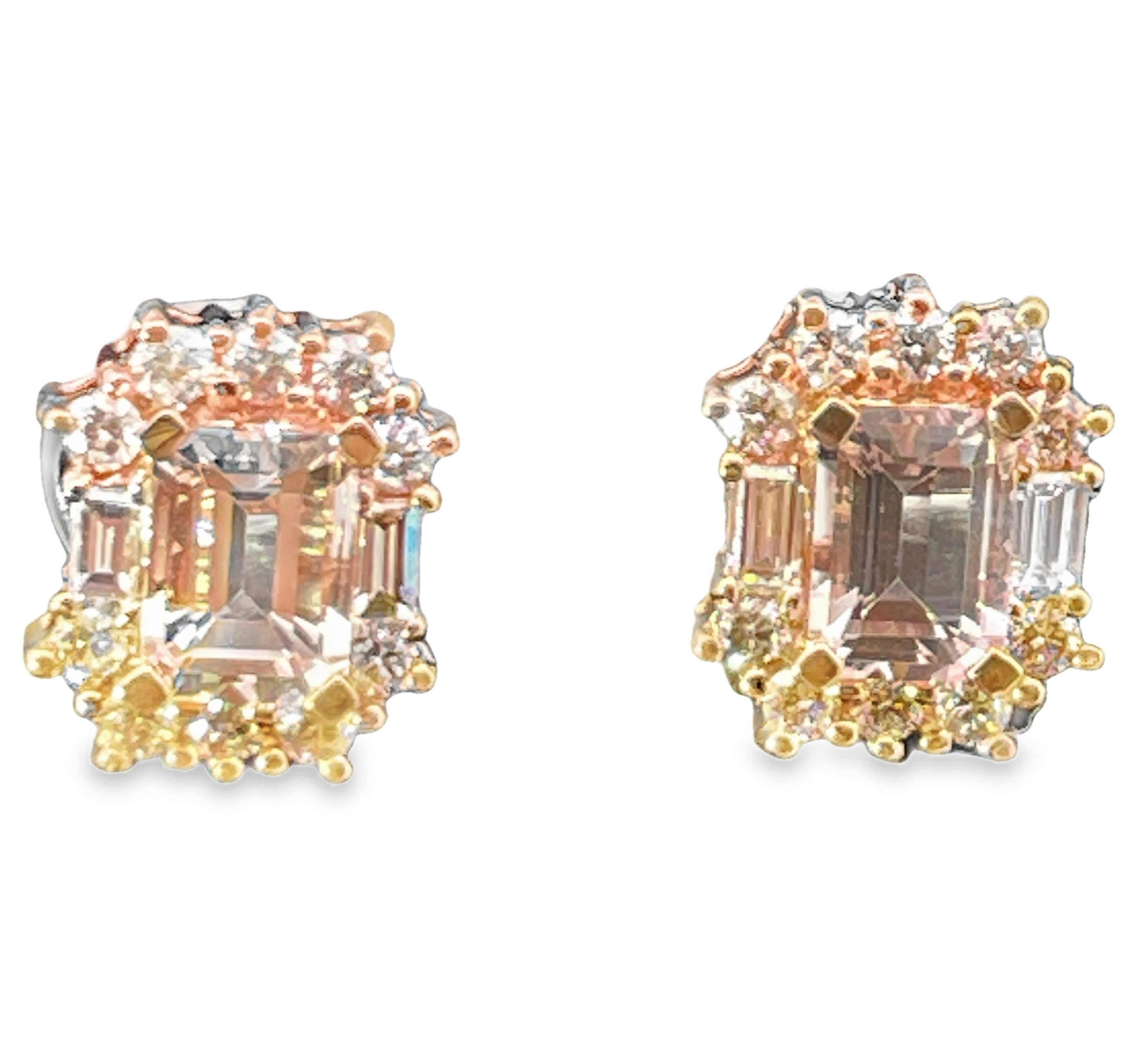2.84TGW MORGANITE + DIAMOND CLUSTER EARRINGS CONTAINING: 2 EMERALD CUT MORGANITES 2CTW + 20 ROUND + 4 BAGUETTE DIAMONDS .84TDW 14KR