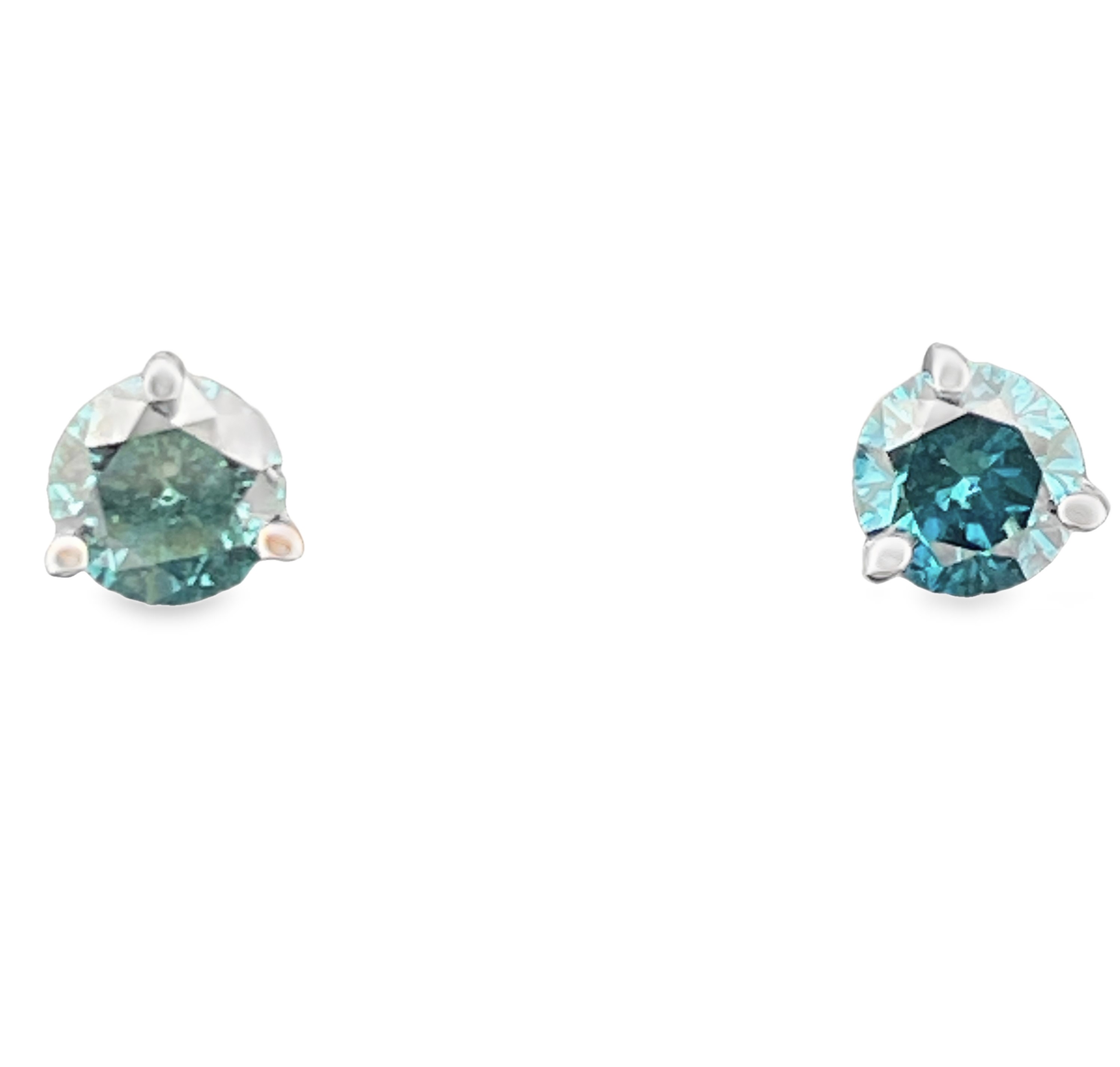1.00CT ROUND BLUE DIAMOND 3-PRONG STUD EARRINGS 14KW