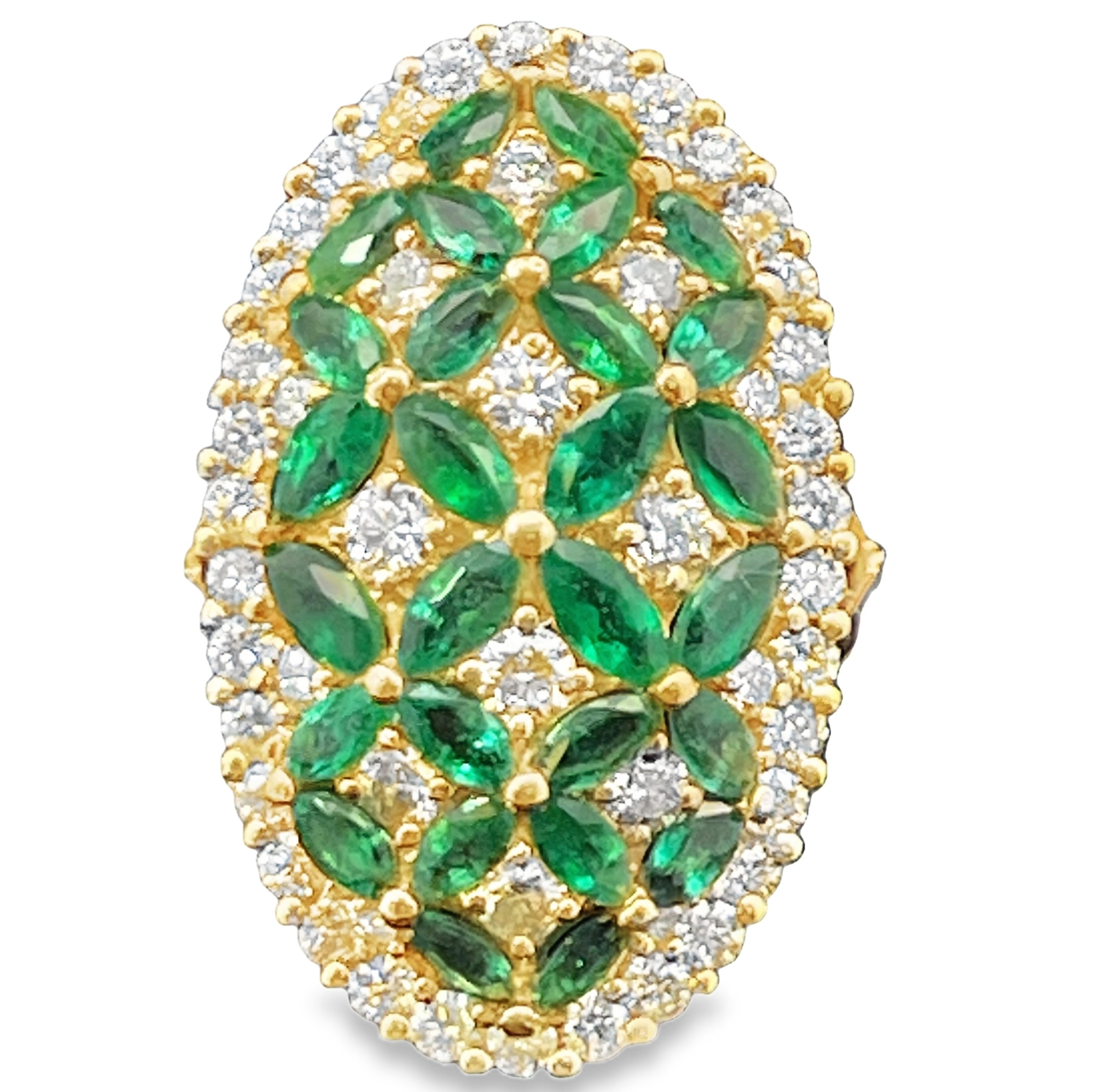 4.98TGW LARGE OVAL DOMED EMERALD + DIAMOND CLUSTER RING CONTAINING: 28 MARQUISE EMERALDS 3.20CTW + 52 ROUND DIAMONDS 1.78TDW 14KY