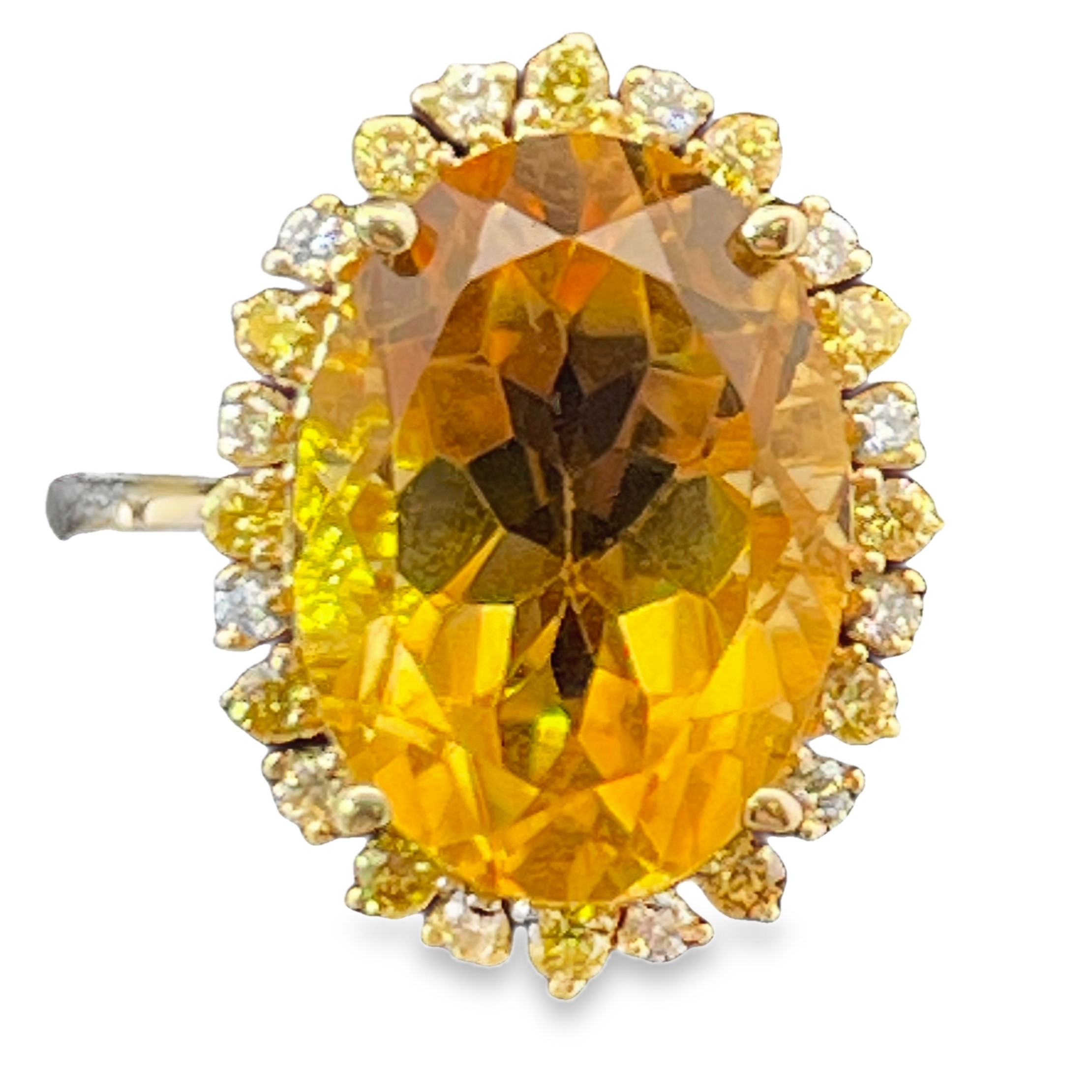 5.78TGW OVAL CITRINE + WHITE + YELLOW DIAMOND HALO RING CONTAINING: 5.50CT OVAL CITRINE CENTER + 12 ROUND YELLOW DIAMONDS + 12 ROUND WHITE DIAMONDS .28TDW 14KY