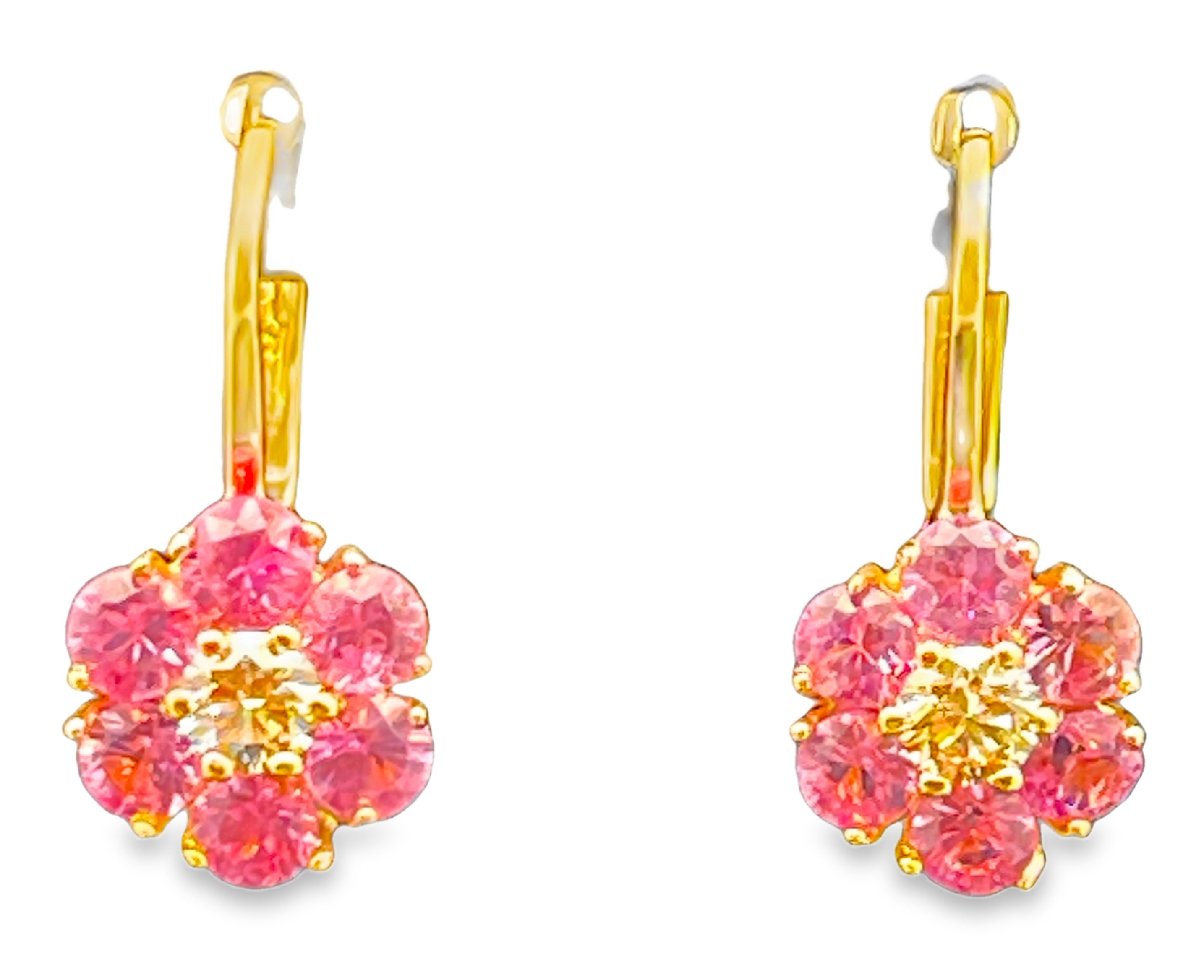 2.10TGW FLOWER CLUSTER LEVER-BACK PINK SAPPHIRE + DIAMOND CENTER EARRINGS CONTAINING: 12 ROUND PINK SAPPHIRES 1.80CTW + 2 ROUND DIAMONDS .30TDW 14KY