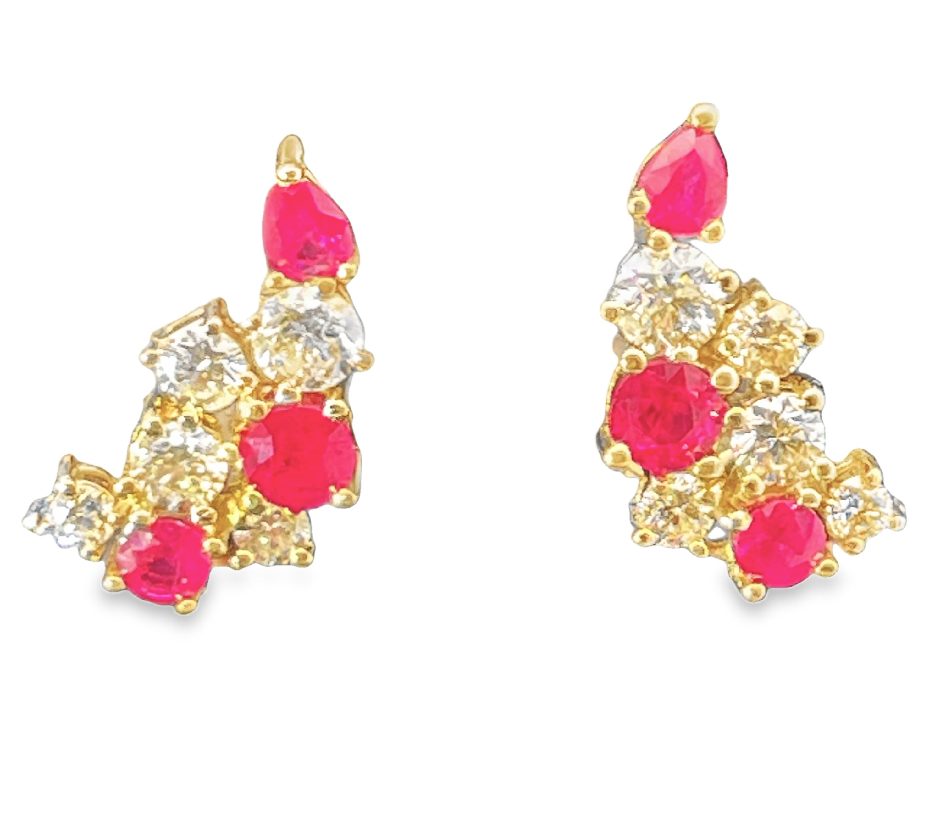 3.08TGW RUBY + DIAMOND CLIMBER-CLUSTER EARRINGS CONTAINING: 4 ROUND +2 PEAR SHAPE RUBIES 1.80CTW + 10 ROUND DIAMONDS 1.28TDW 14KY