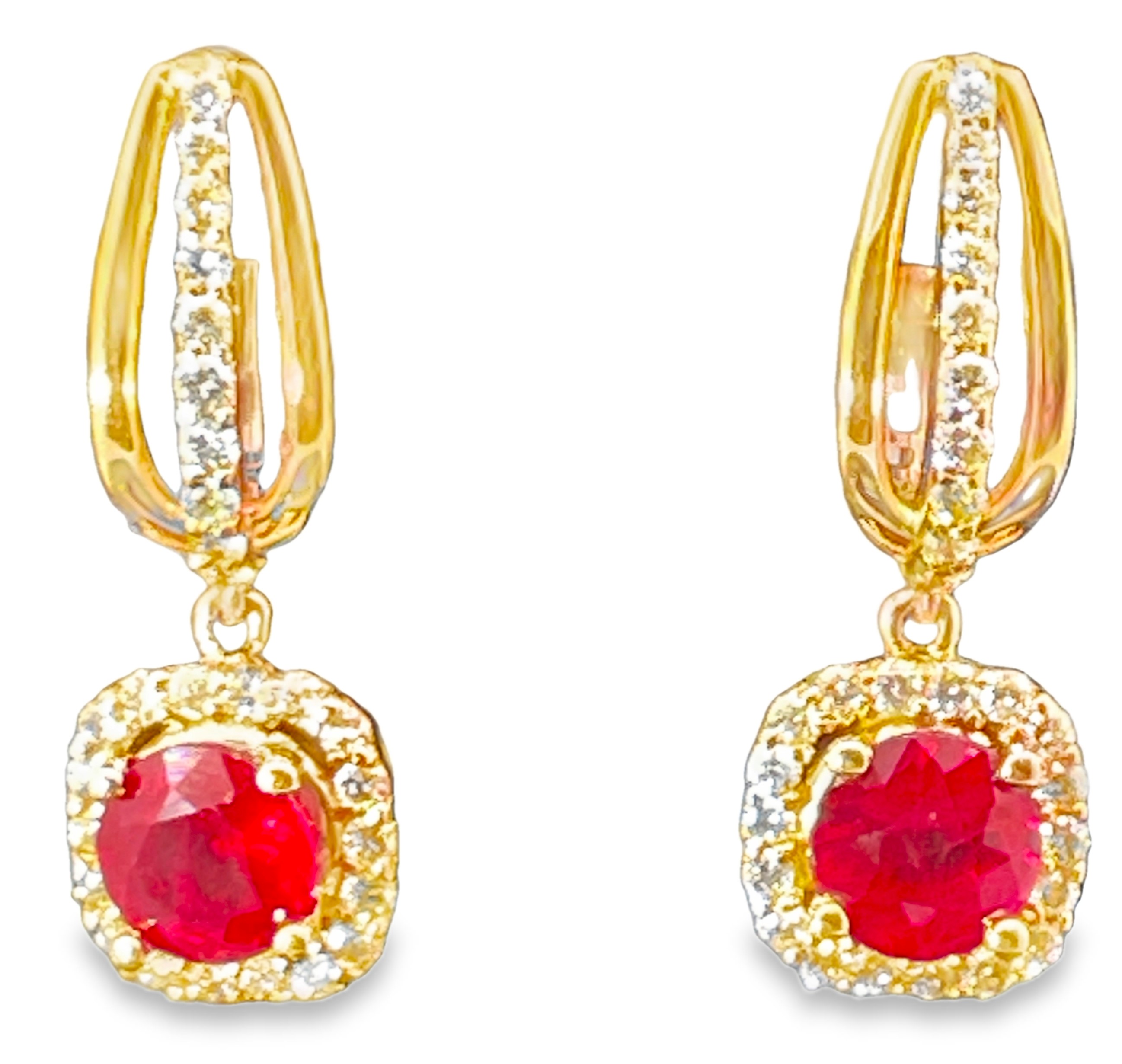 1.88TGW RUBY + DIAMOND HALO CUSHION DANGLE EARRINGS CONTAINING: 2 ROUND RUBIES 1.40CTW + 58 ROUND DIAMONDS .48TDW 14KR