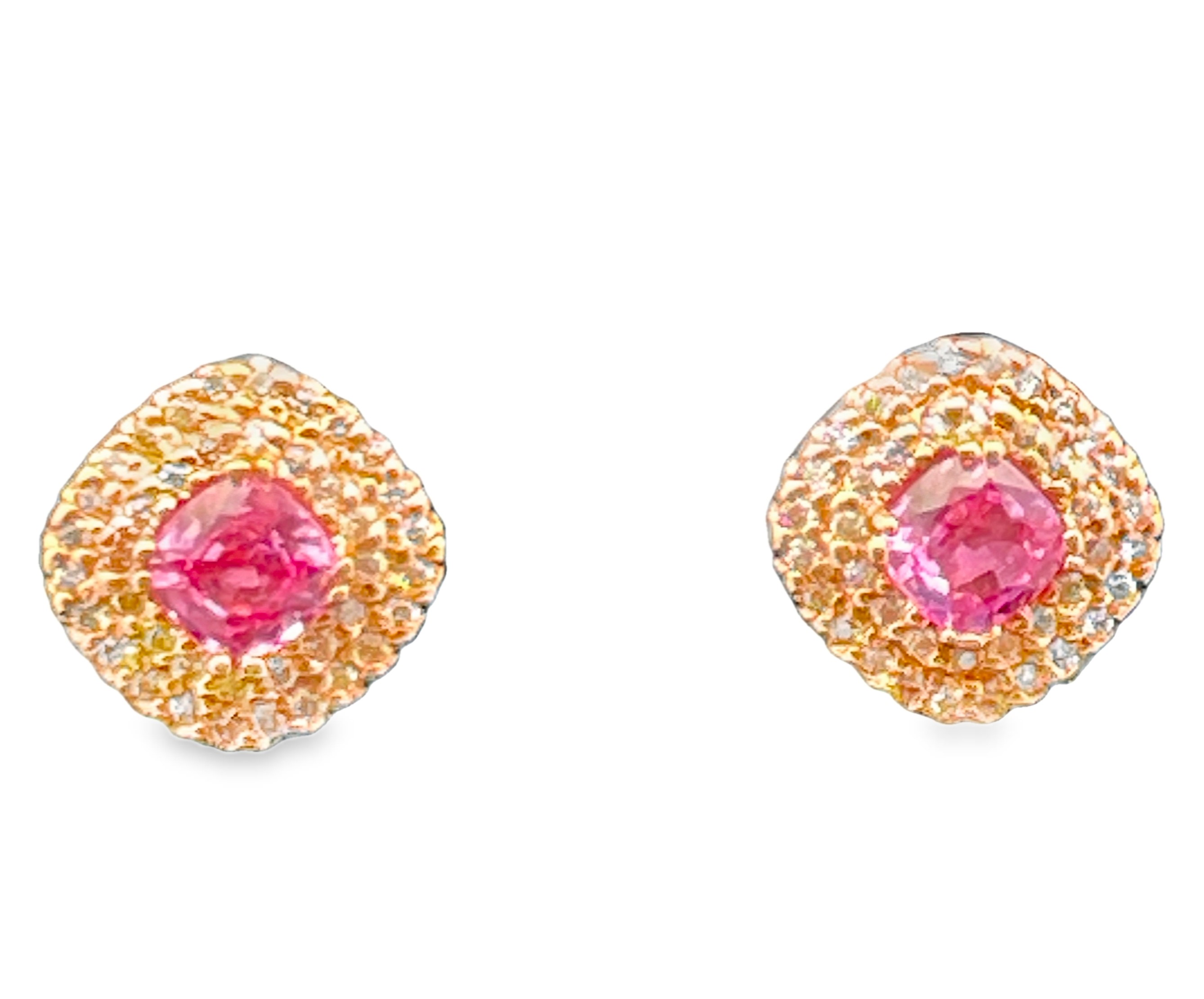 .92TGW CUSHION DOUBLE-HALO STUD EARRINGS CONTAINING: 2 CUSHION PINK SAPPHIRES .70CTW + 40 ROUND DIAMONDS .22TDW 14KR