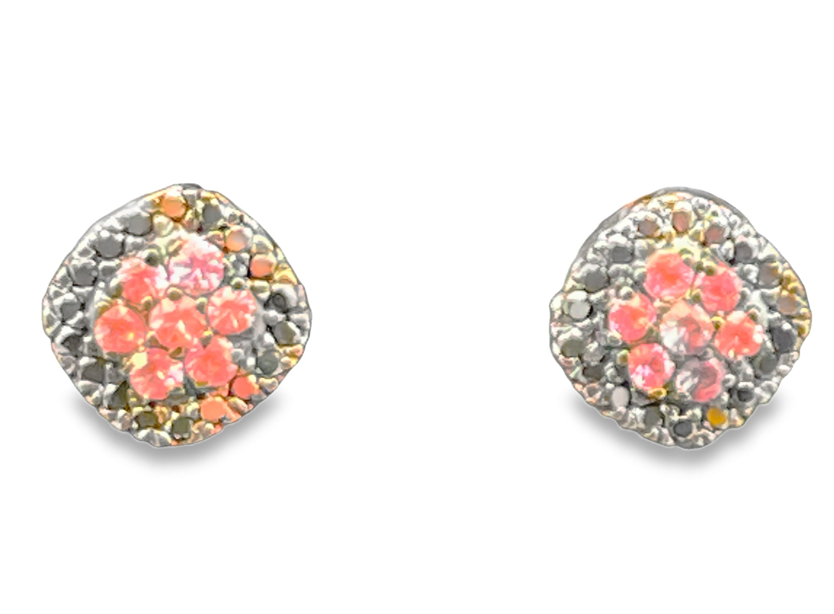 .88TGW BLACK DIAMOND + PINK SAPPHIRE CUSHION STUD EARRINGS CONTAINING: 14 ROUND PINK SAPPHIRES .63CTW + 36 ROUND BLACK DIAMONDS .25TDW 14KR