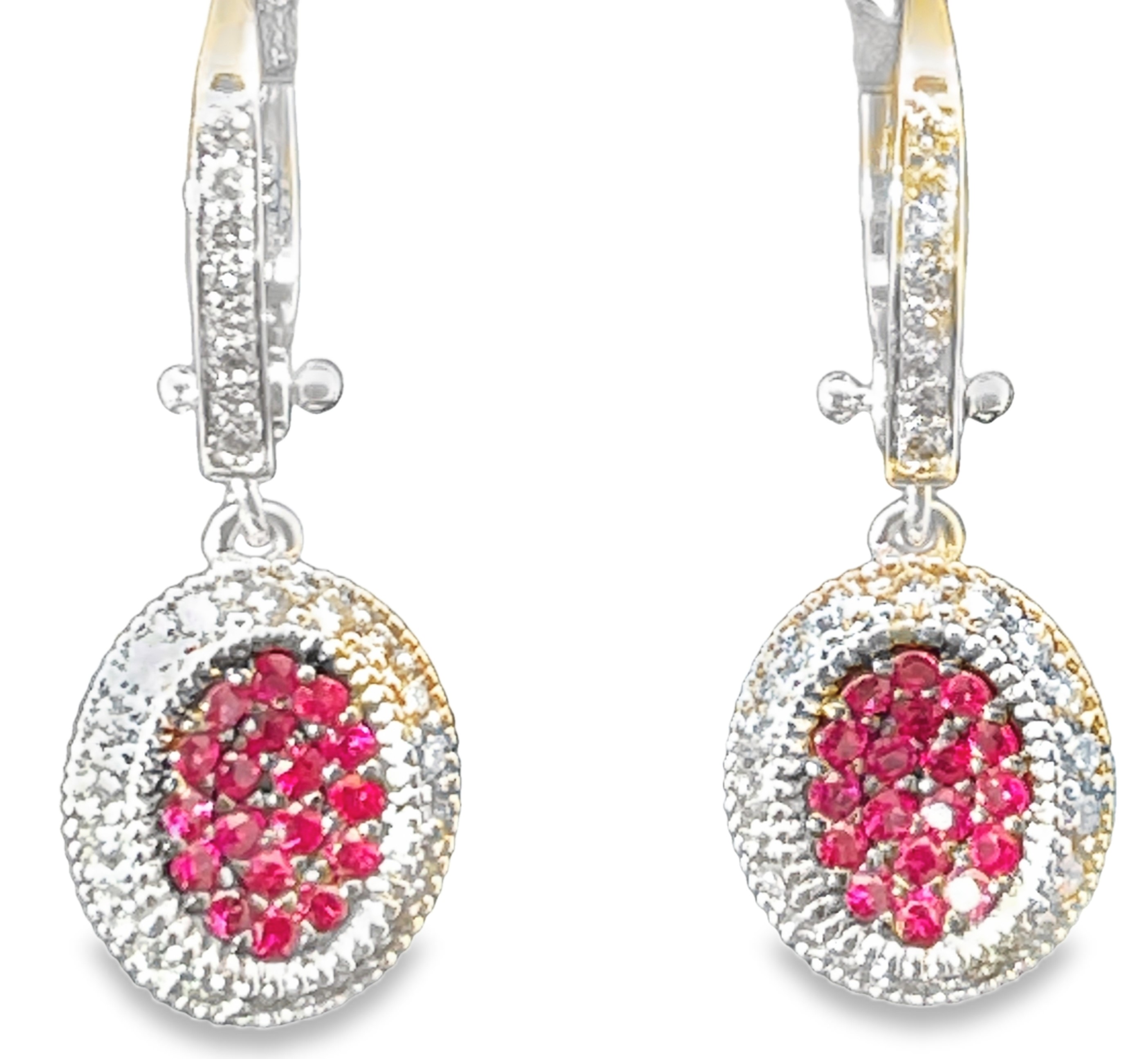 1.47TGW RUBY + DIAMOND HALO OVAL DANGLE EARRINGS CONTAINING: 36 ROUND RUBIES PAVE OVAL CENTER .90CTW + 52 ROUND DIAMONDS .57TDW 14KW