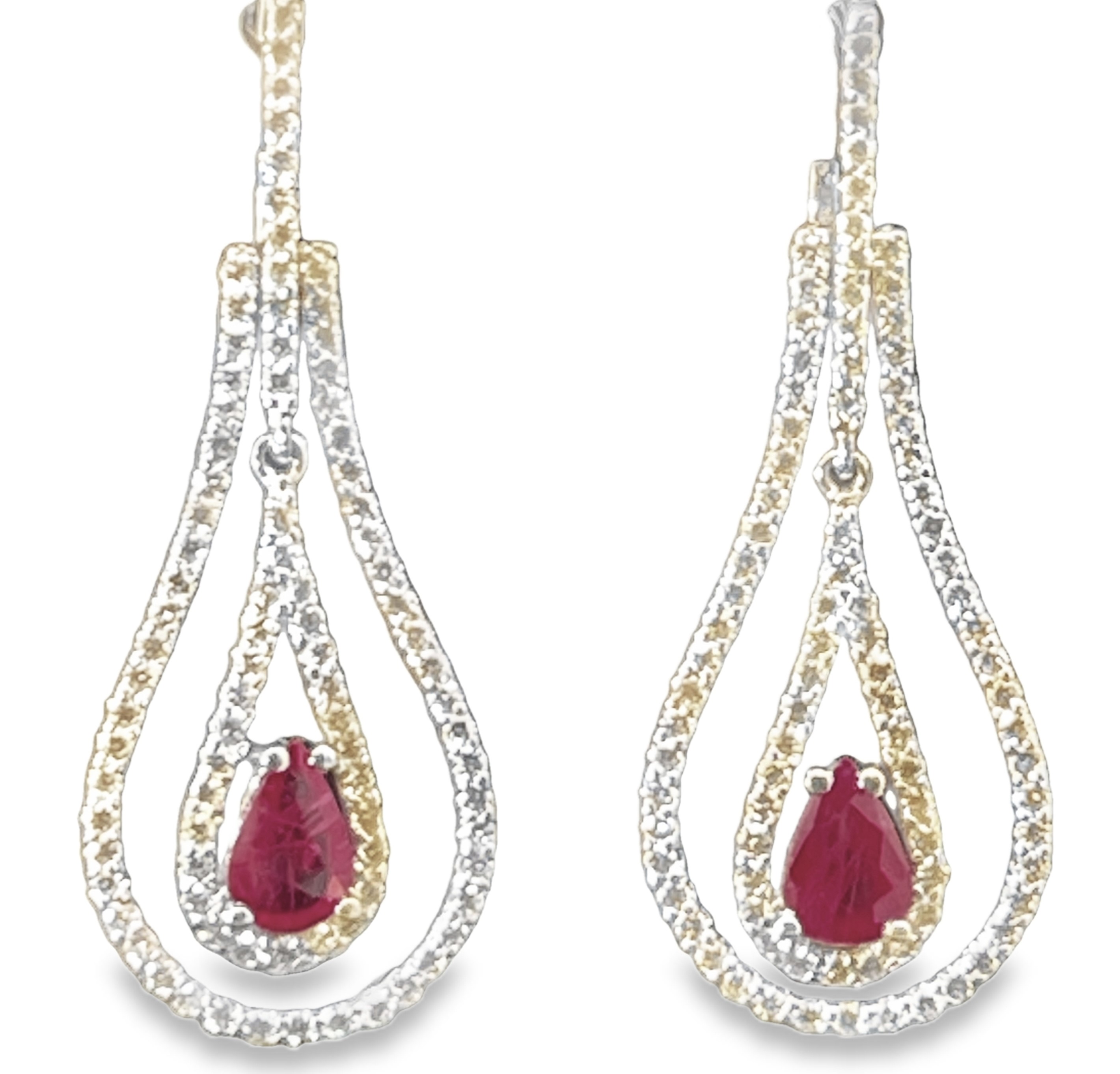 1.70TGW RUBY AND DIAMOND DOUBLE TEARDROP DANGLE EARRINGS CONTAINING: 2 PEAR SHAPE RUBIES 1.00CTW + 178 ROUND DIAMONDS .70TDW 14KW