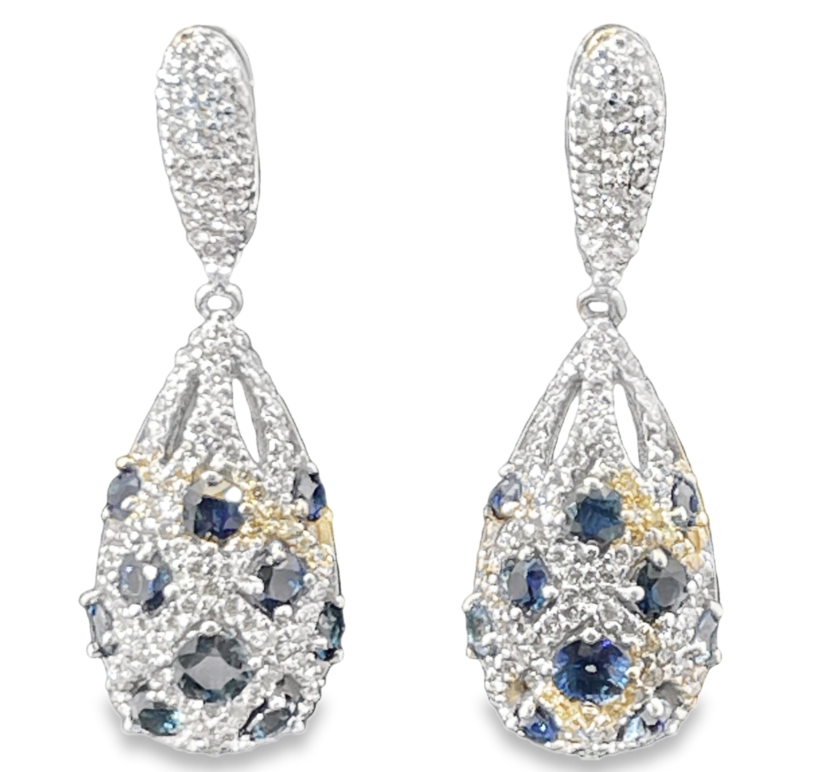 3.30TGW SAPPHIRE + DIAMOND DOMED BASKETWEAVE TEARDROP DANGLE EARRINGS CONTAINING: 20 ROUND BLUE SAPPHIRES 2.25CTW + 224 ROUND DIAMONDS 1.05TDW 14KW