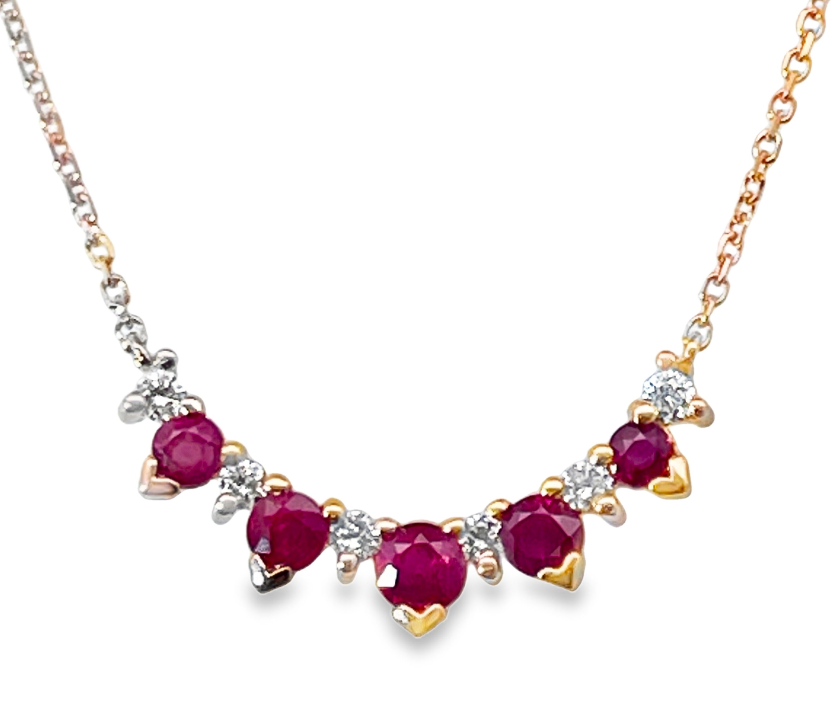 .93TGW RUBY + DIAMOND CURVED CENTER NECKLACE CONTAINING: 5 ROUND RUBIES .75CTW + 6 ROUND DIAMONDS .18TDW 14KR