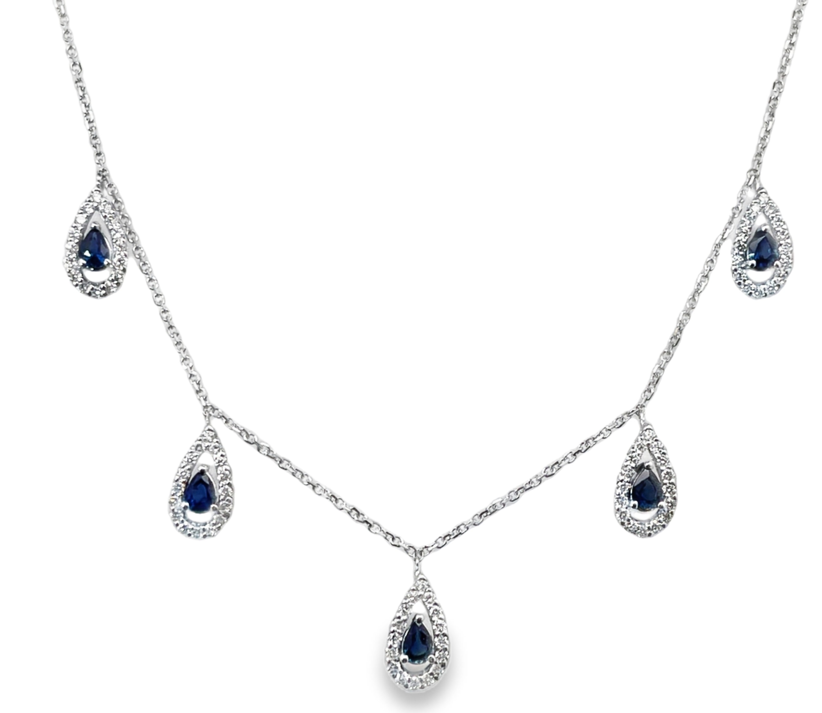 1.72TGW SAPPHIRE + DIAMOND 5-TEARDROP DANGLE STATIONS NECKLACE CONTAINING: 5 PEAR SHAPE BLUE SAPPHIRES 1.00CTW + 80 ROUND HALO DIAMONDS .72TDW 18KW