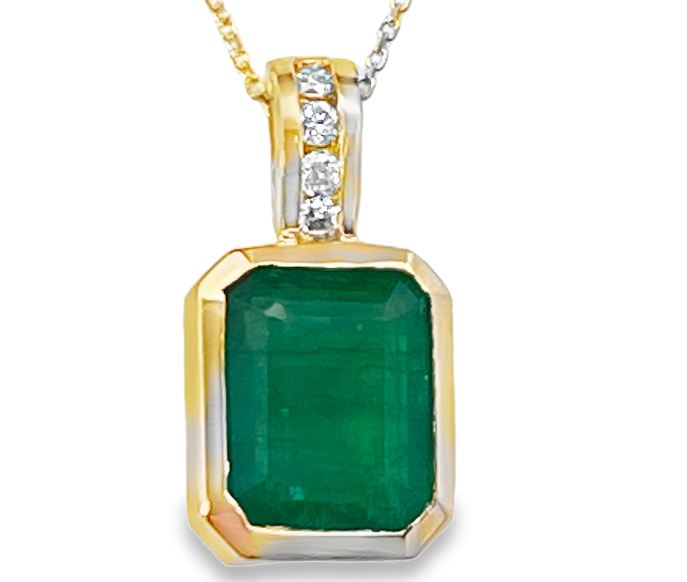 2.35TGW EMERALD + DIAMOND PENDANT/CHAIN CONTAINING: 2.30CT EMERALD CUT BEZEL-SET EMERALD CENTER + 4 ROUND CHANNEL-SET DIAMONDS .05TDW 14KY