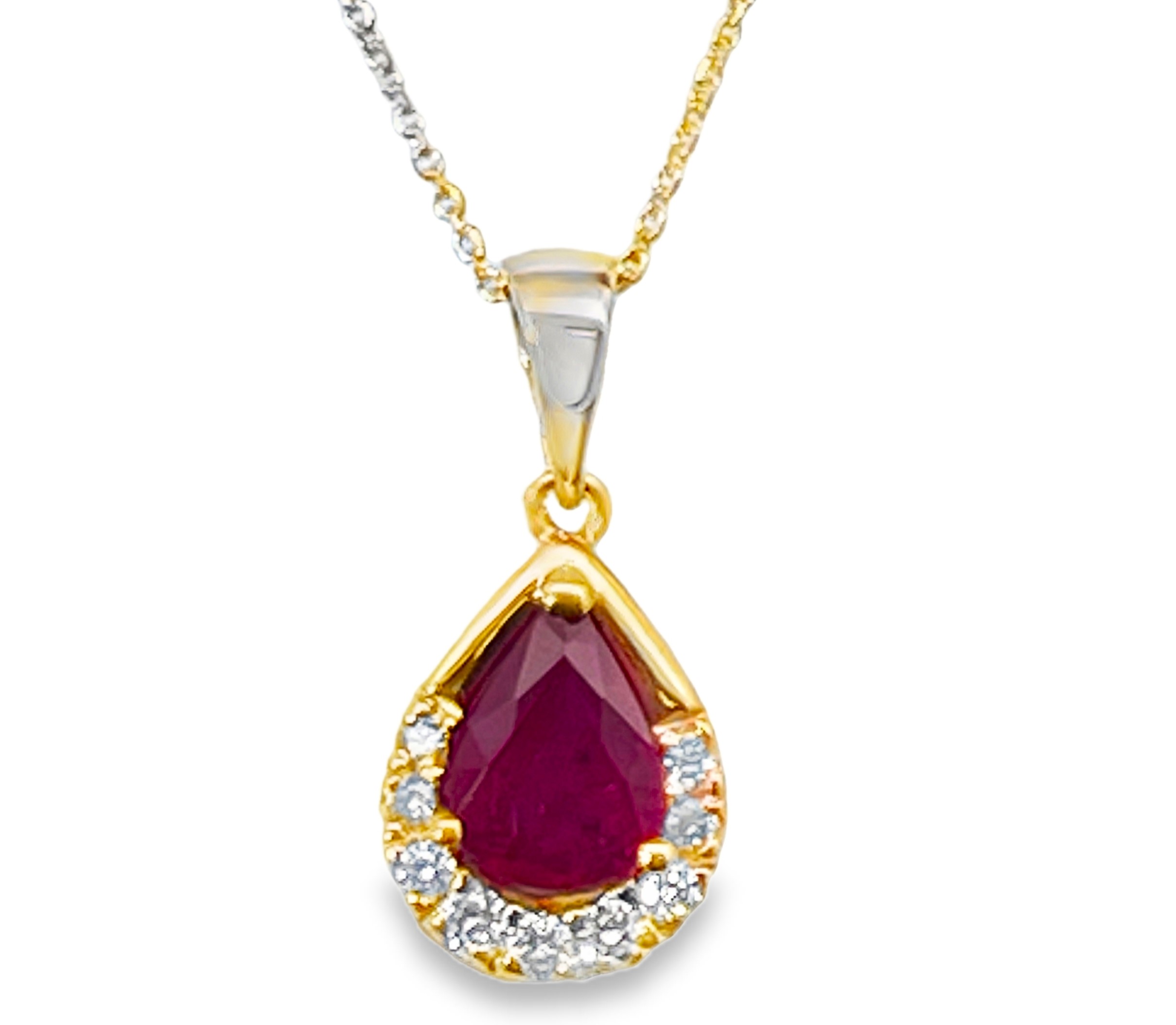 .89TGW RUBY + DIAMOND PENDANT/CHAIN CONTAINING: .80CT PEAR SHAPE RUBY + 9 ROUND ACCENT DIAMONDS .09TDW 14KY