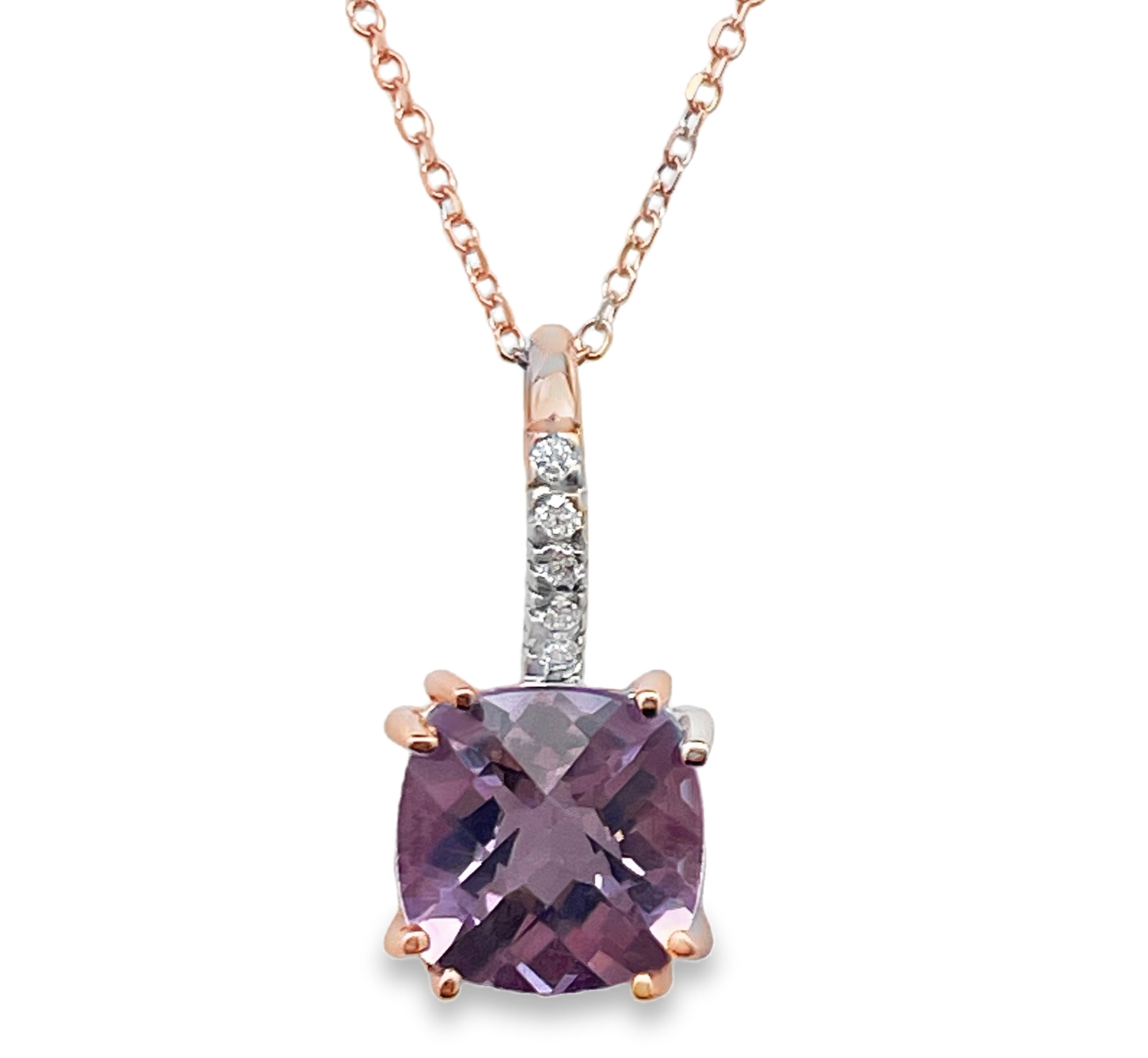 2.28TGW AMETHYST + DIAMOND PENDANT/CHAIN CONTAINING: 2.25CT CUSHION AMETHYST + 5 ROUND DIAMONDS .03TDW 14KR