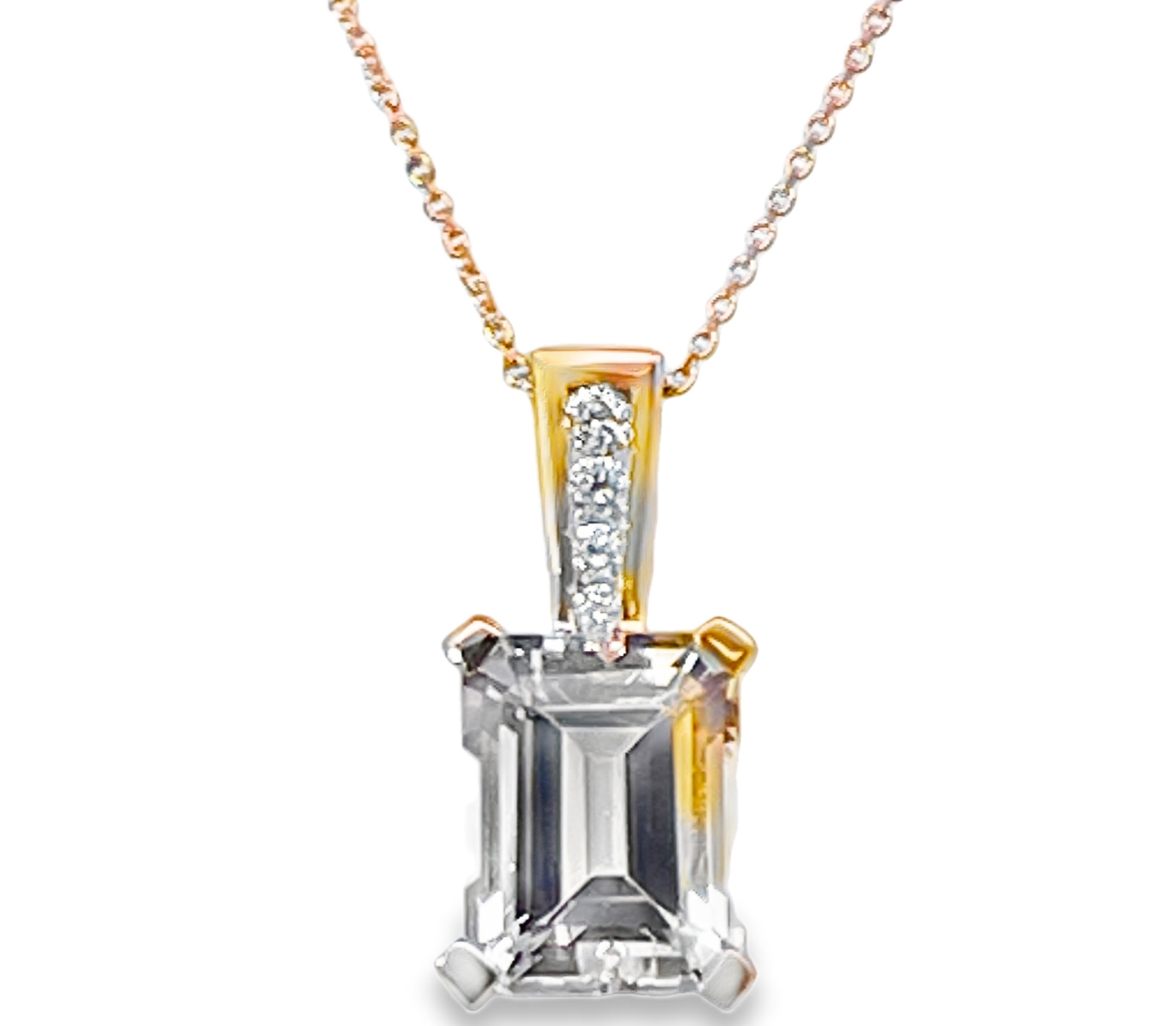 2.27TGW MORGANITE + DIAMOND PENDANT/CHAIN CONTAINING: 2.20CT EMERALD CUT MORGANITE + 4 ROUND DIAMONDS .07TDW 14KR