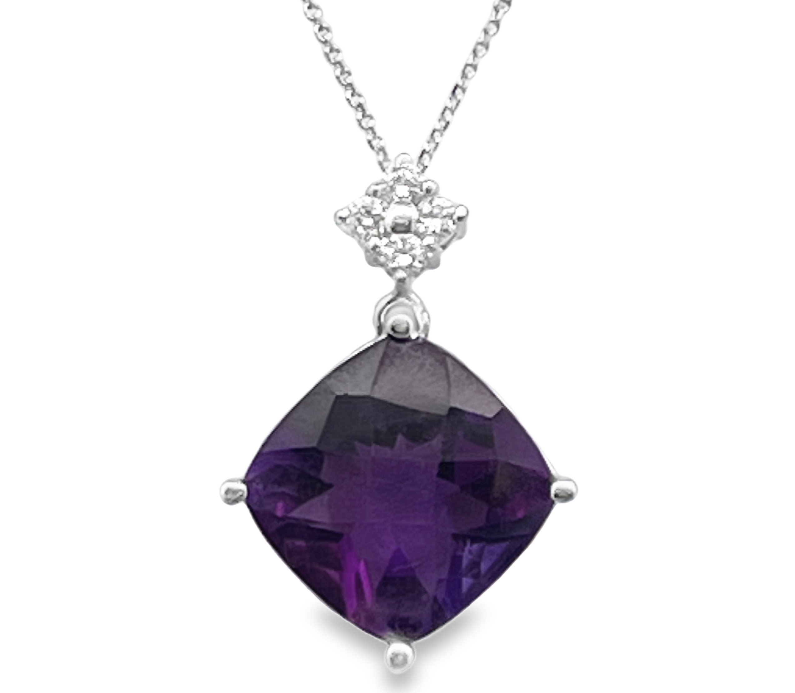 5.10TGW AMETHYST + DIAMOND PENDANT/CHAIN CONTAINING: 5.00CT CUSHION AMETHYST + 4 ROUND DIAMONDS .10TDW 14KW