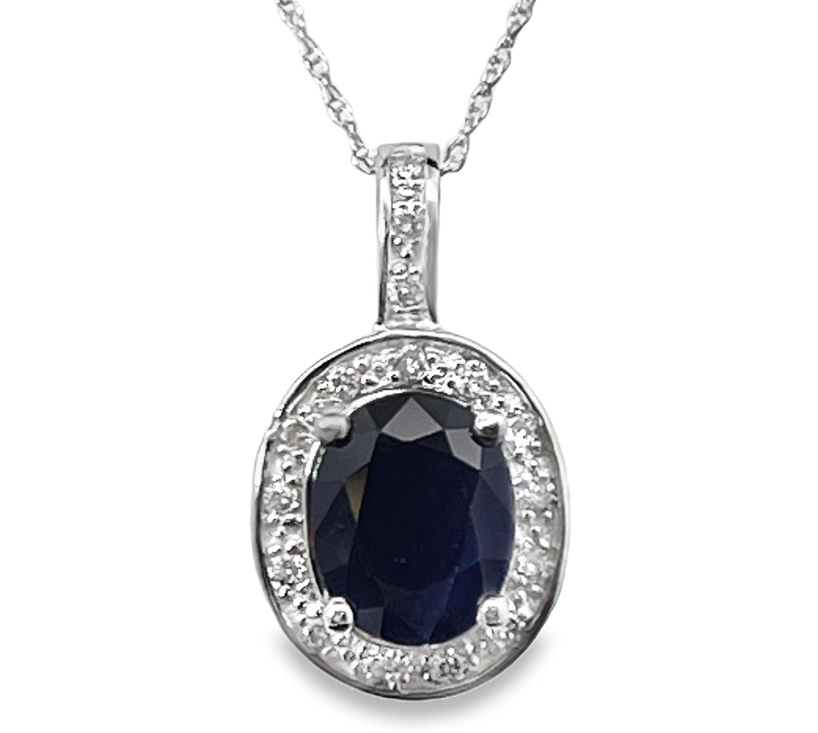 2.36TGW OVAL SAPPHIRE + DIAMOND HALO PENDANT/CHAIN CONTAINING: 2.20CT OVAL BLUE SAPPHIRE CENTER + 17 ROUND DIAMONDS .16TDW 14KW