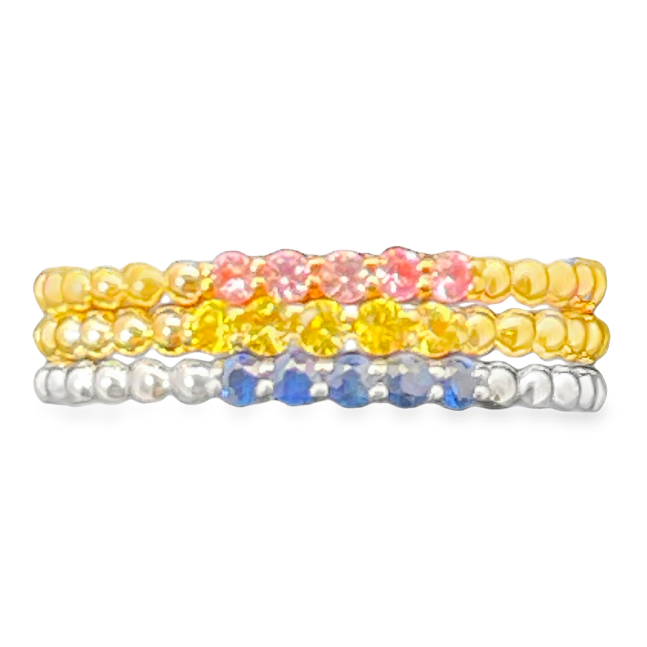 .51CTW SET (3) BEADED BAND RINGS CONTAINING: 5 ROUND BLUE SAPPHIRES SET IN 14KW 5 ROUND PINK SAPPHIRES SET IN 14KR + 5 ROUND YELLOW SAPPHIRES SET IN 14KY