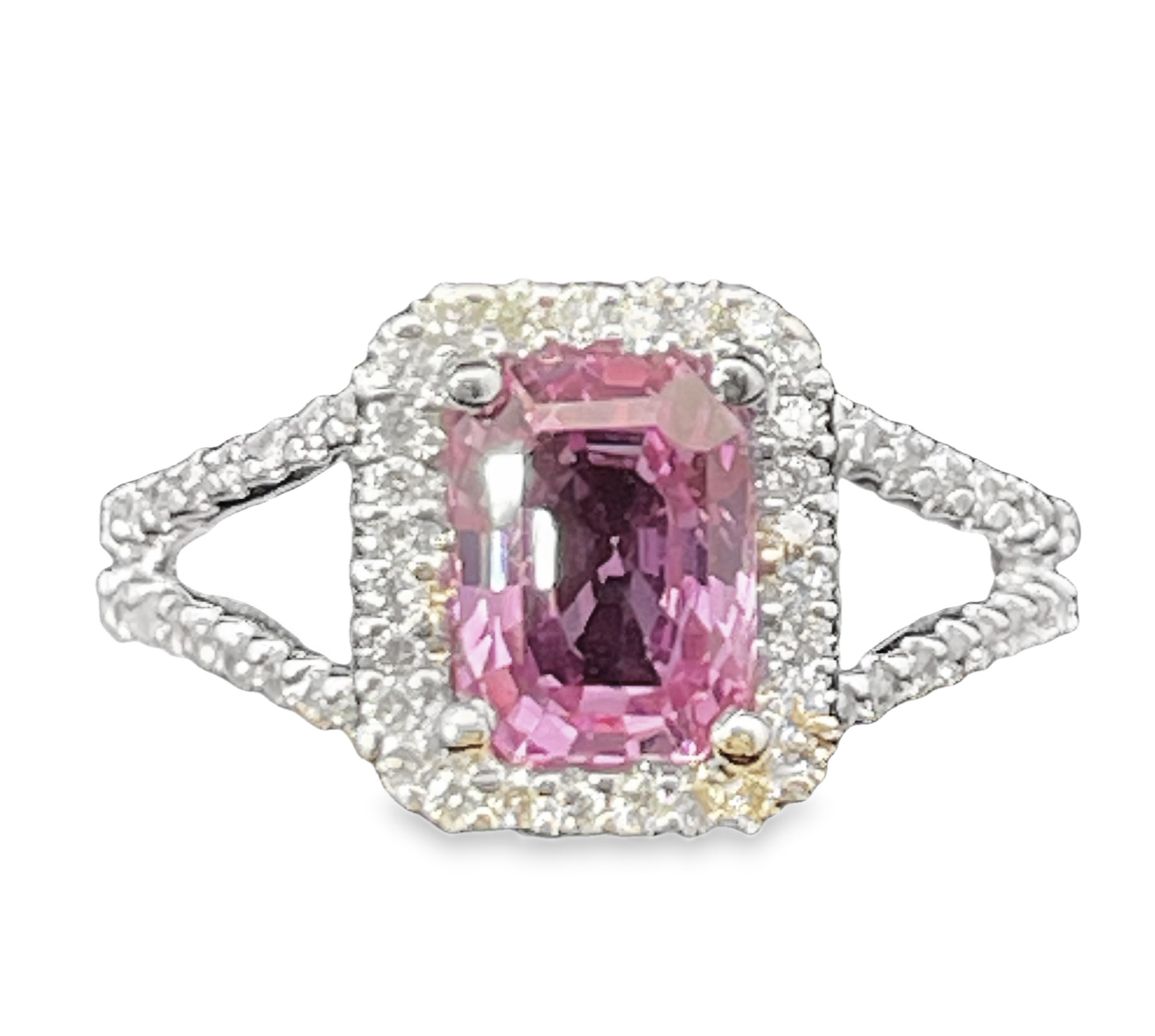 2.22TGW PINK SAPPHIRE + DIAMOND HALO V-SHANK RING CONTAINING: 1.75CT EMERALD CUT PINK SAPPHIRE + 70 ROUND DIAMONDS .47TDW 14KW