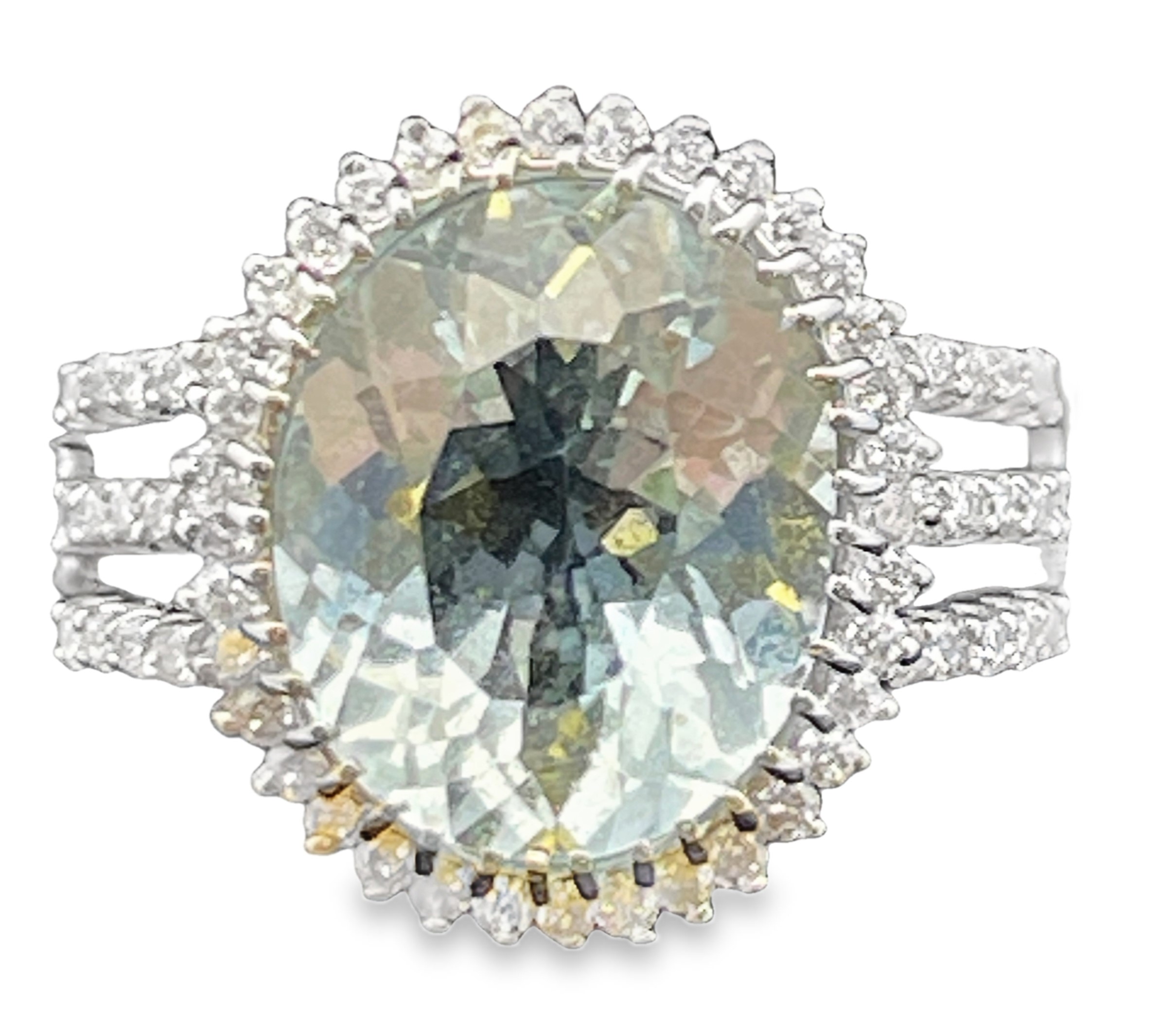 4.93TGW AQUAMARINE + DIAMOND OVAL HALO/TRIPLE-ROW SHANK RING CONTAINING: 4.50CT OVAL AQUAMARINE CENTER + 66 ROUND DIAMONDS .43TDW 14KW