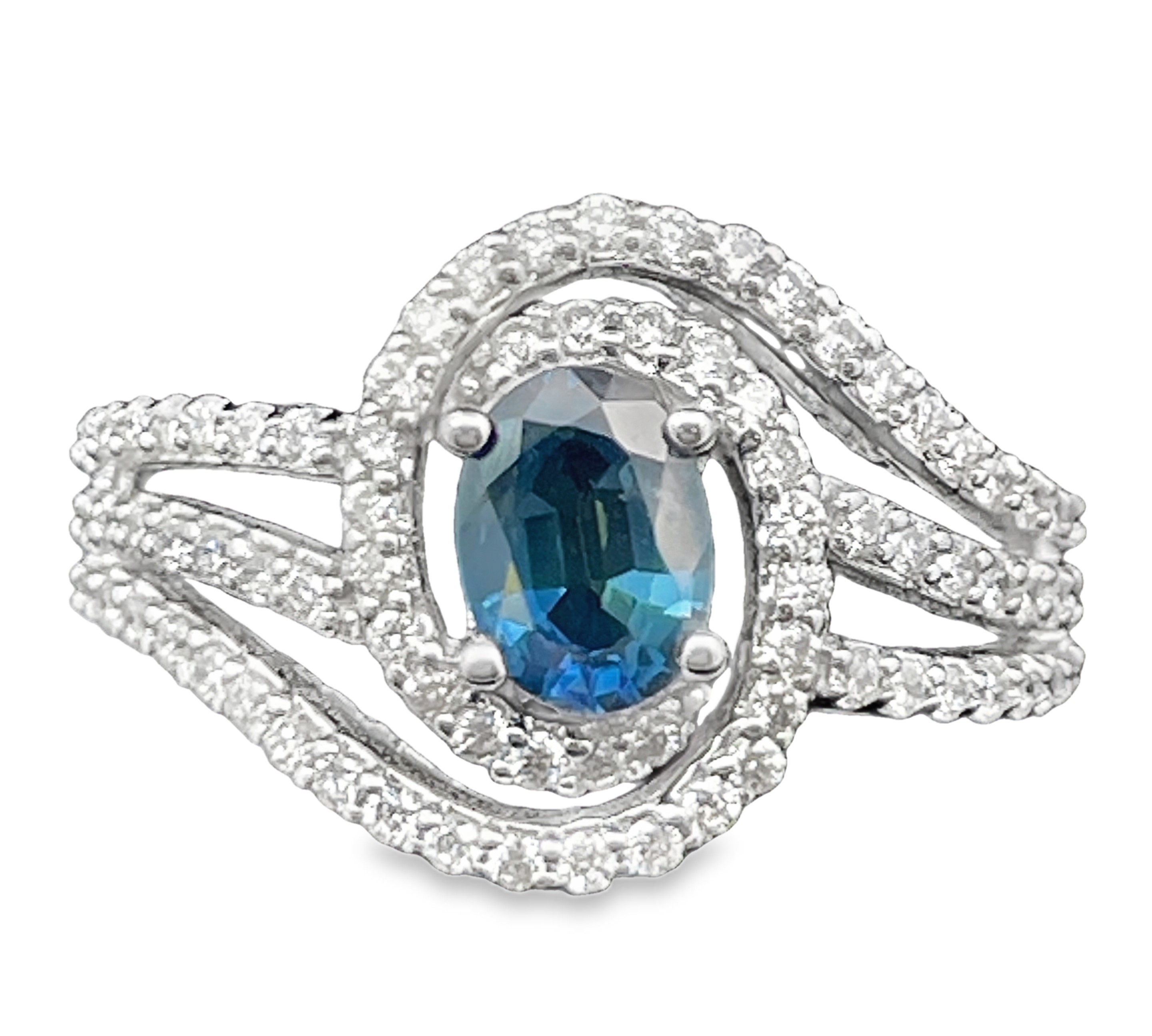 1.54TGW SAPPHIRE + DIAMOND OVAL HALO-BYPASS RING CONTAINING: 1.00CT OVAL BLUE SAPPHIRE CENTER + 78 ROUND DIAMONDS .54TDW 14KW