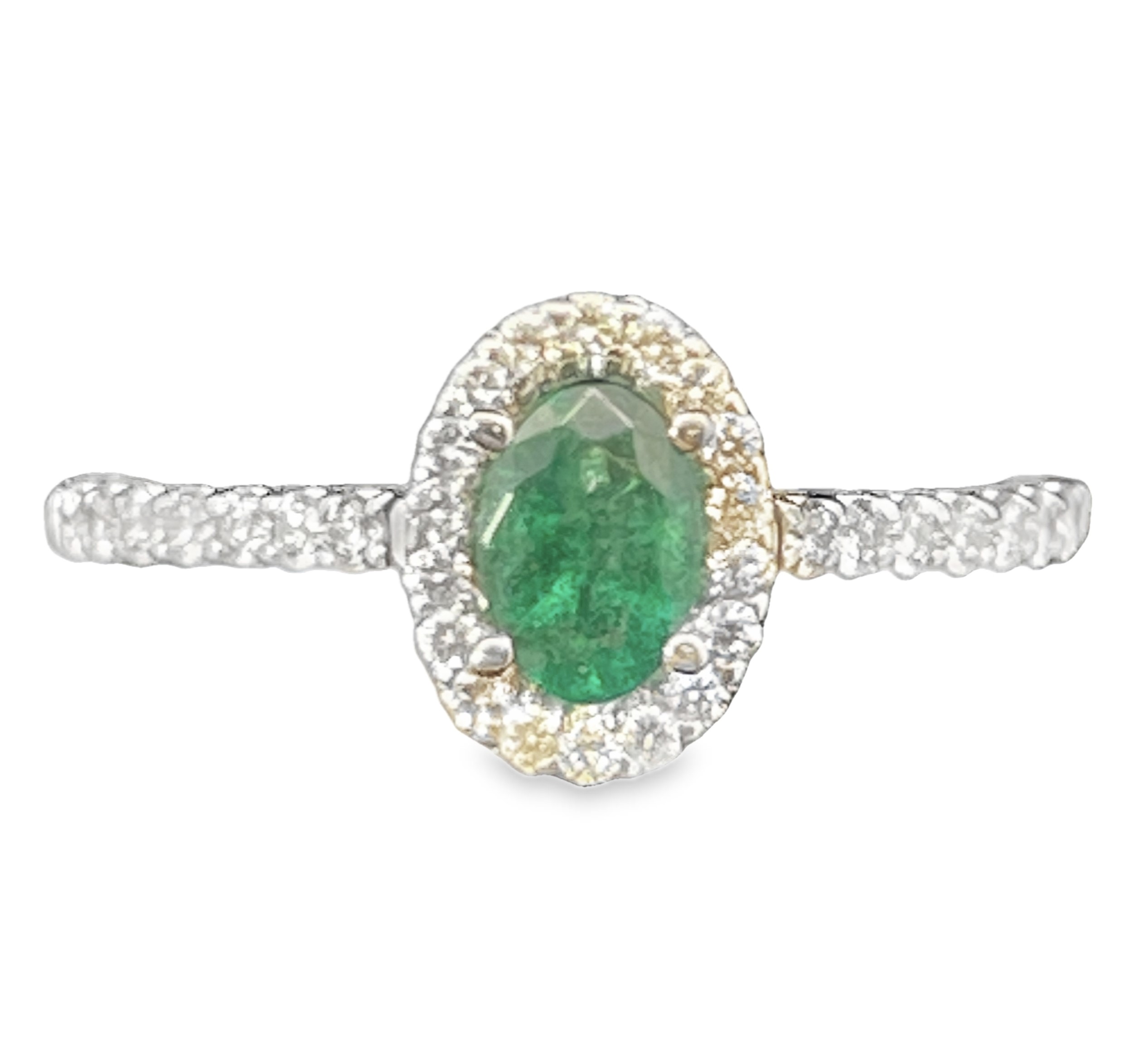 .77TGW OVAL EMERALD + DIAMOND HALO RING CONTAINING: .50CT OVAL EMERALD CENTER + 32 ROUND DIAMONDS .27TDW 18KW