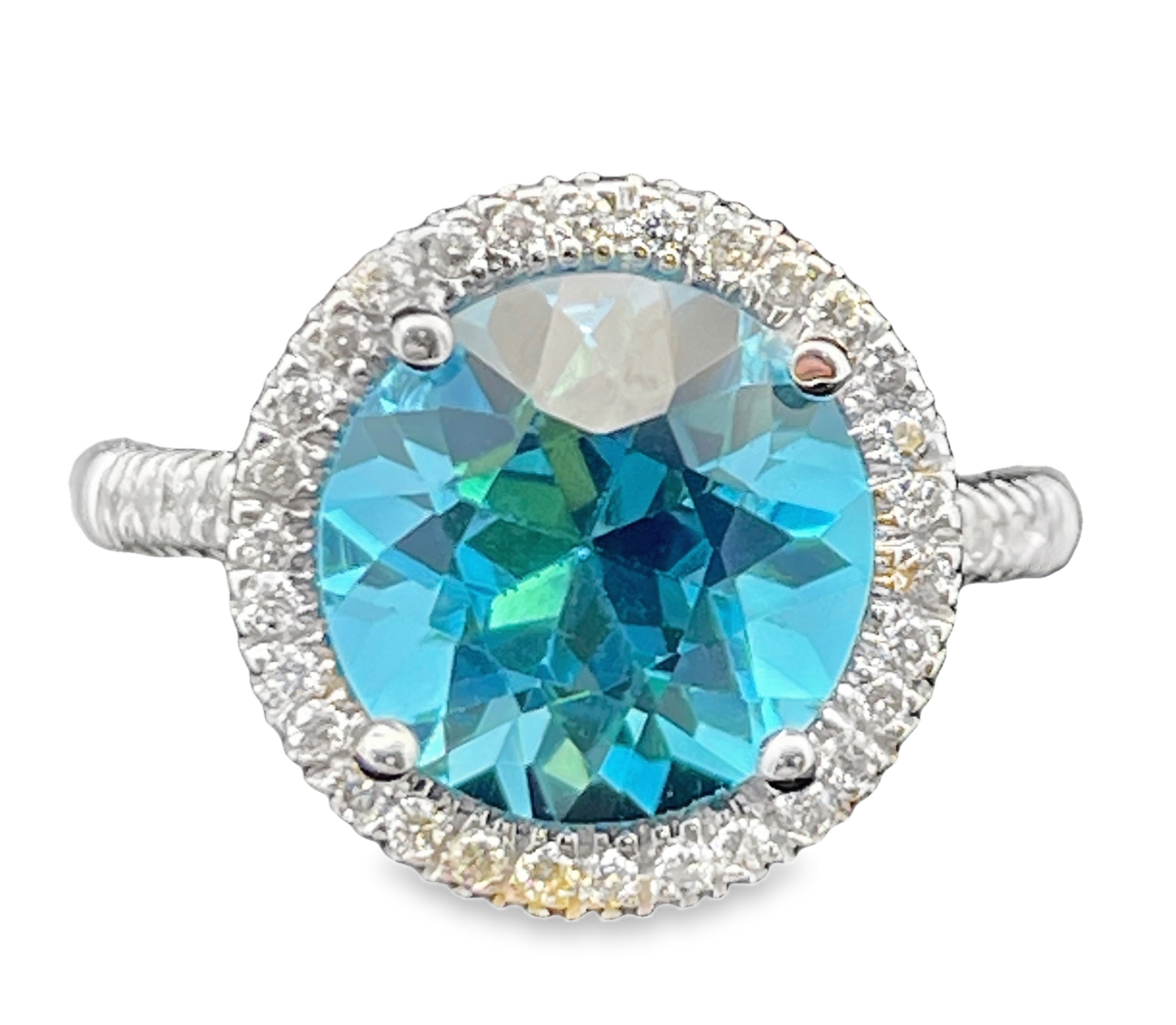 3.20TGW BLUE TOPAZ + DIAMOND HALO RING CONTAINING: 3.00CT ROUND BLUE TOPAZ CENTER + 42 ROUND DIAMONDS .20TDW 14KW