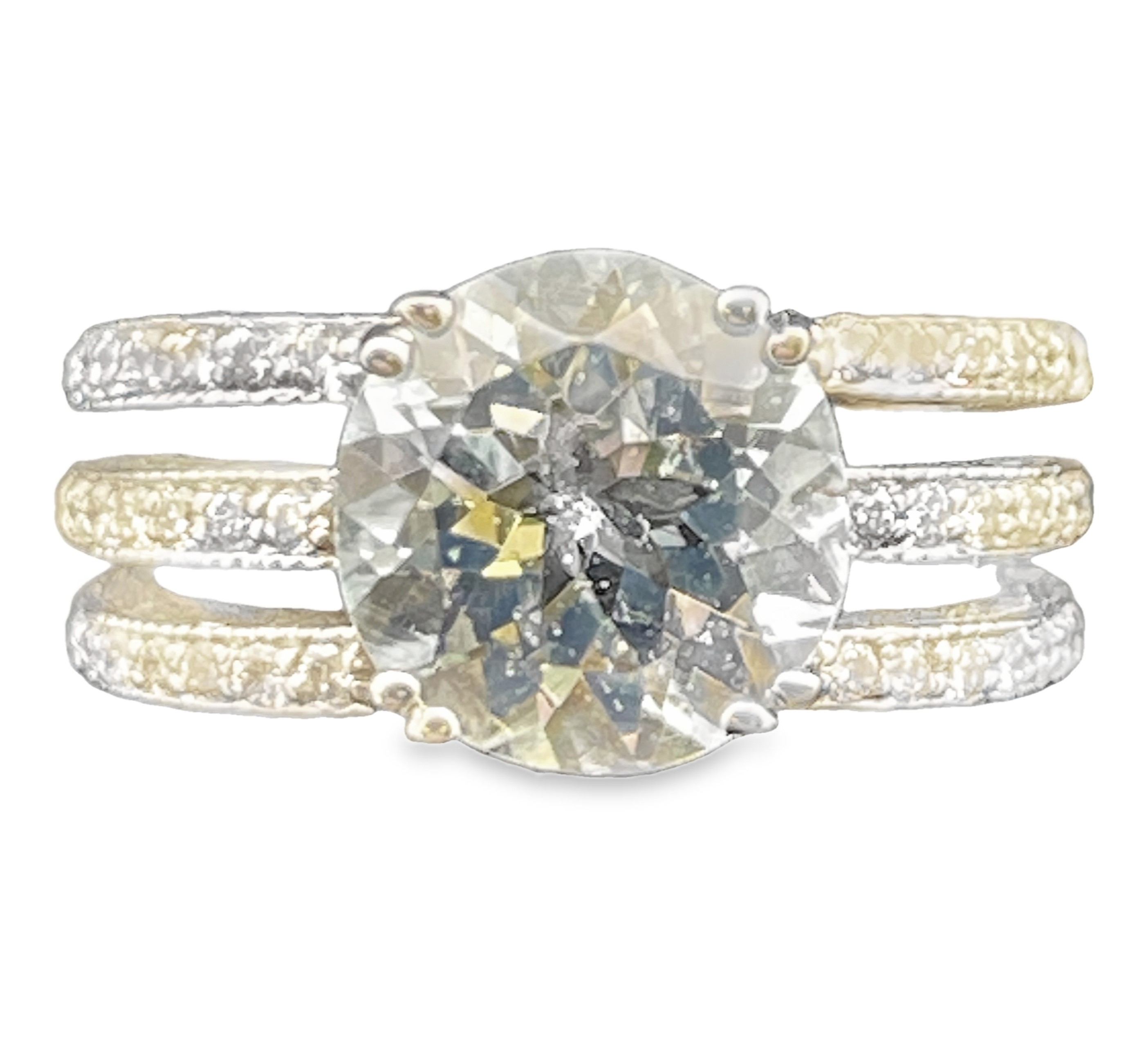 3.19TGW AQUAMARINE + DIAMOND 3-ROW SHANK RING CONTAINING: 2.65CT ROUND AQUAMARINE CENTER + 54 ROUND DIAMONDS .54TDW 14KW
