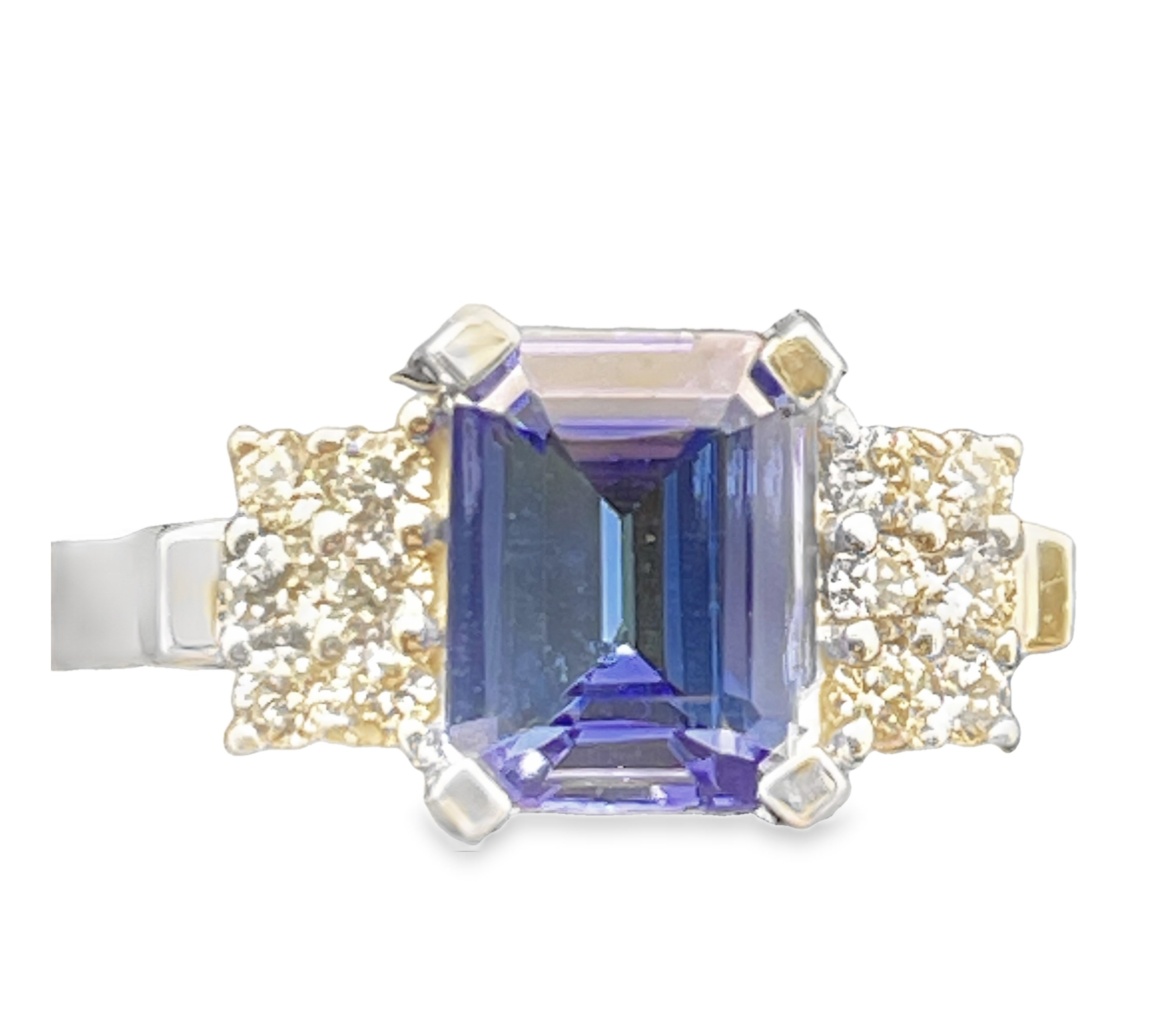 1.89TGW TANZANITE + DIAMOND RING CONTAINING: 1.65CT EMERALD CUT TANZANITE CENTER + 12 ROUND DIAMONDS .24TDW 14KW