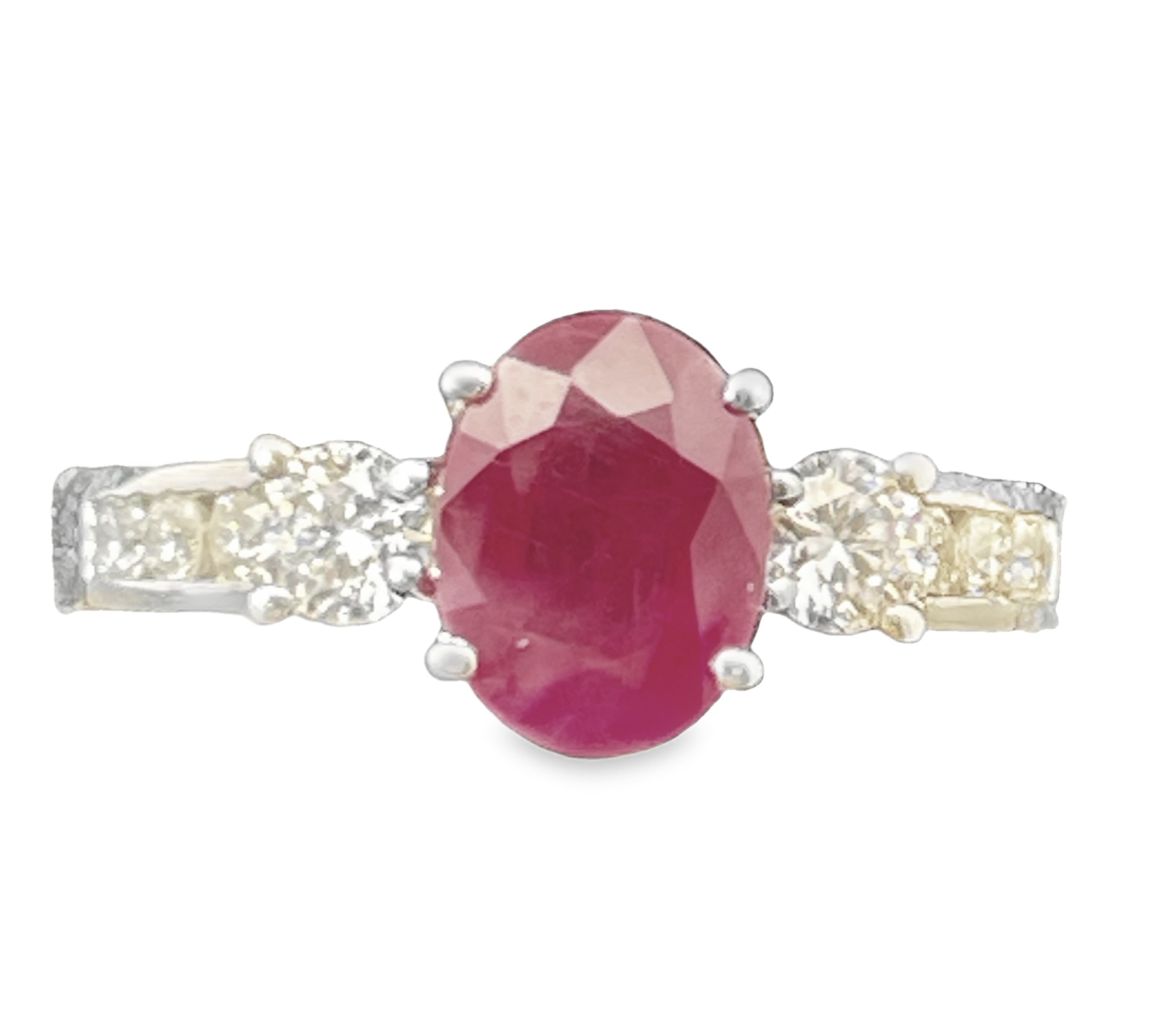 2.00TGW RUBY + DIAMOND 3-STONE RING CONTAINING: 1.50CT OVAL RUBY CENTER + 2 ROUND PRONG-SET + 6 ROUND CHANNEL-SET DIAMONDS .50TDW 14KW