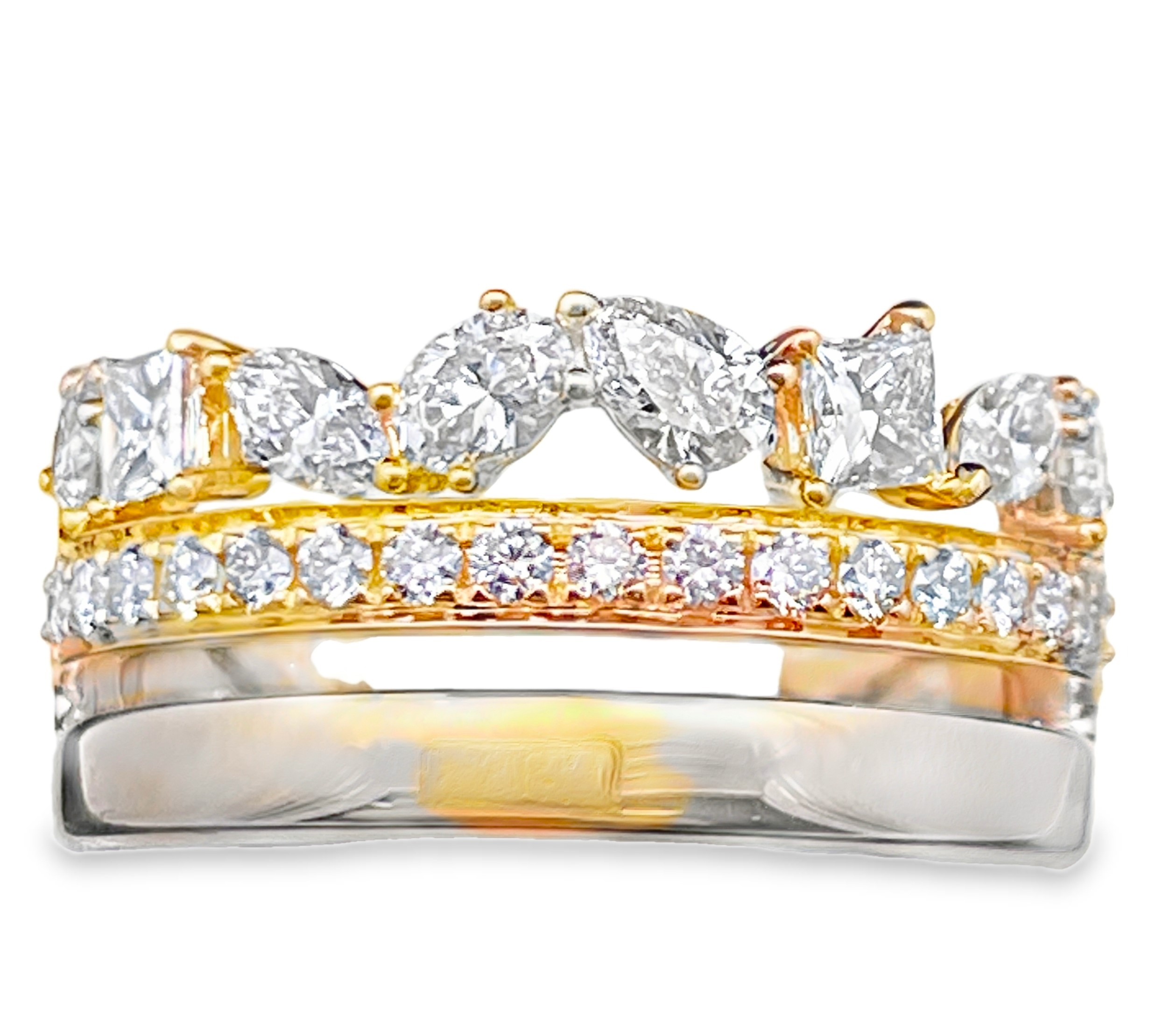 1.15CTW MIXED FANCY DIAMOND 3-ROW BAND RING CONTAINING: 19 ROUND + 2 MARQUISE + 2 PRINCESS + 1 OVAL + 1 PEAR SHAPE DIAMOND 14KY