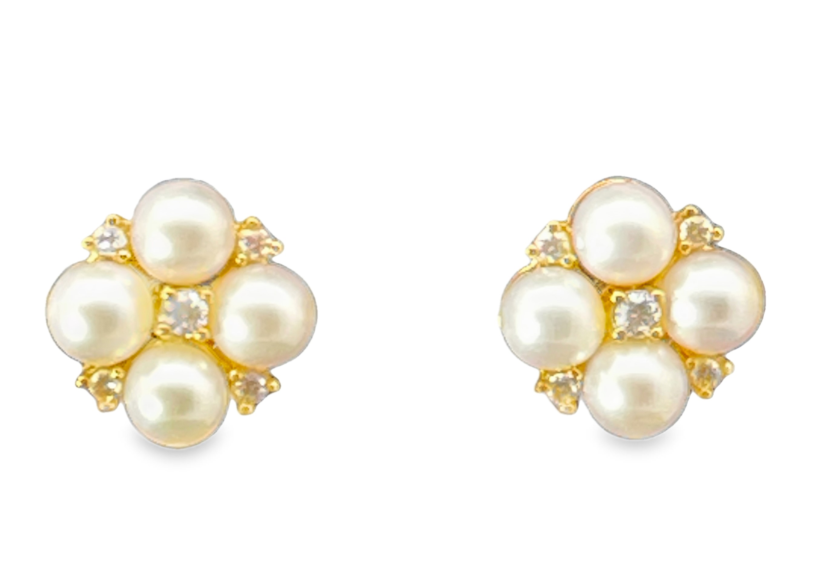 .10TDW 8 4MM PEARLS + 10 ROUND ACCENT DIAMONDS STUD EARRINGS 10KY