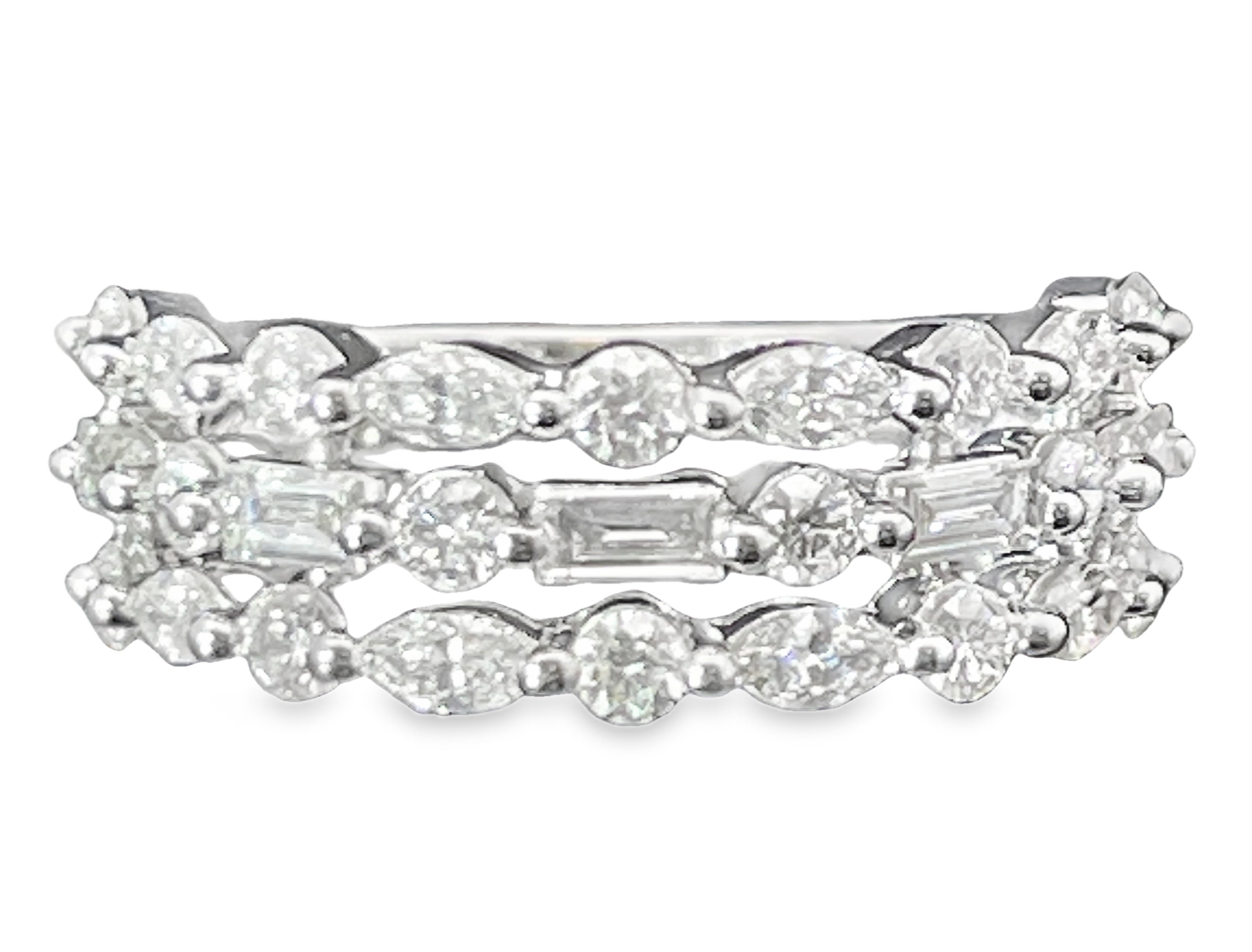 1.50CTW 27 DIAMOND 3-ROW LDS BAND CONTAINING: 14 ROUND + 8 MARQUISE + 5 BAGUETTE DIAMONDS 14KW