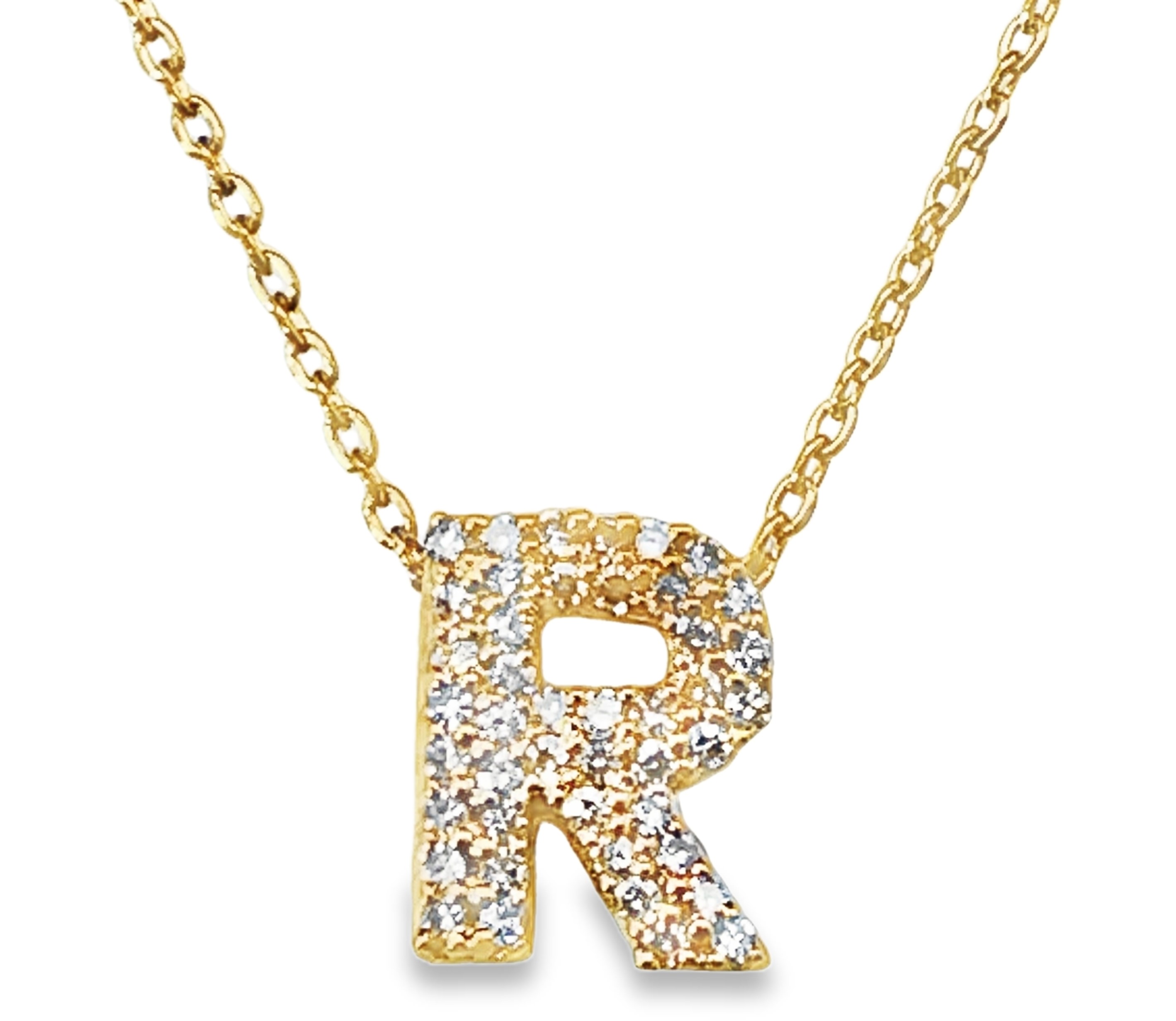 .12CTW DIAMOND INITIAL R PENDANT/CHAIN CONTAINING: 44 ROUND DIAMONDS 10KY