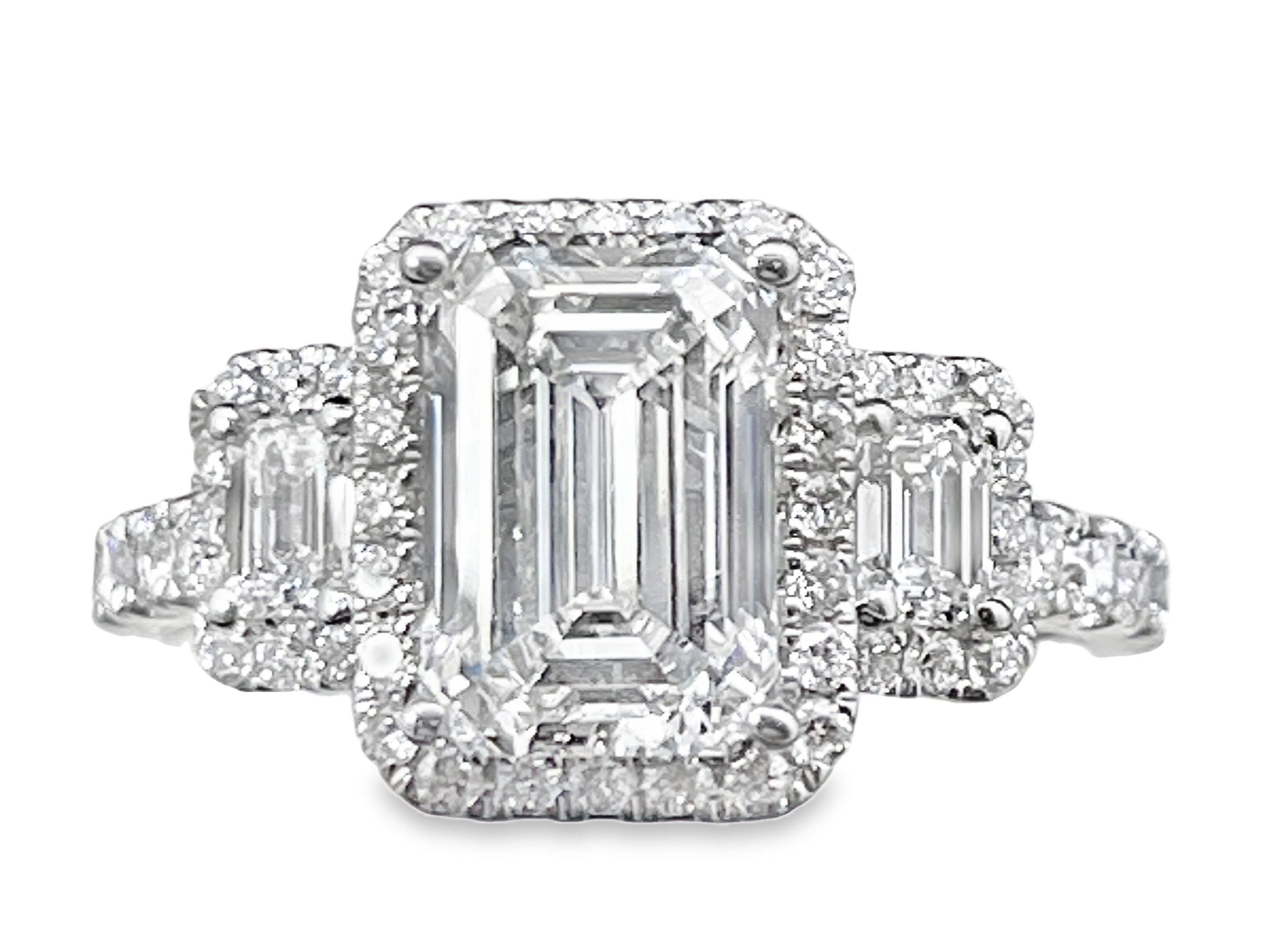 SUPER MAN MADE CREATED 3.09CTW DIAMOND 3-STONE ENGAGEMENT RING CONTAINING: 2.09CT EMERALD CUT DIAMOND CENTER G VS1 IGI LG584345137 + 2 EMERALD-CUT + 70 ROUND DIAMONDS 1CTW 14KW